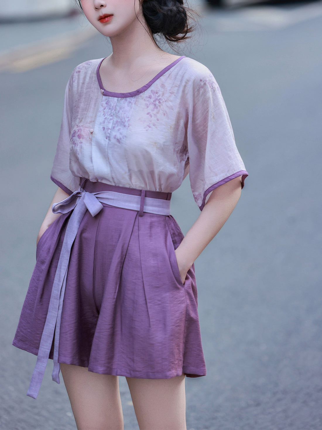 Dreamlike Wisteria Ice Slush Shorts - Chinese-style Elastic Waist Han-style, Daily Commute, Summer & Autumn