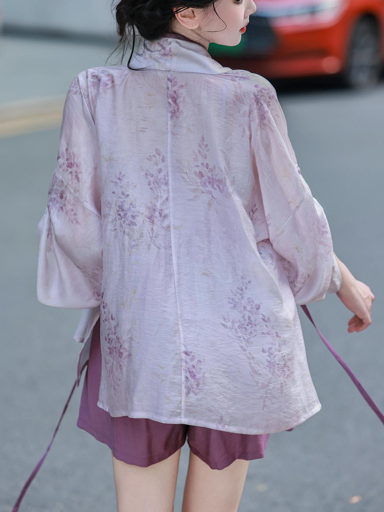 Dreamlike Wisteria Ice Slush Shorts - Chinese-style Elastic Waist Han-style, Daily Commute, Summer & Autumn