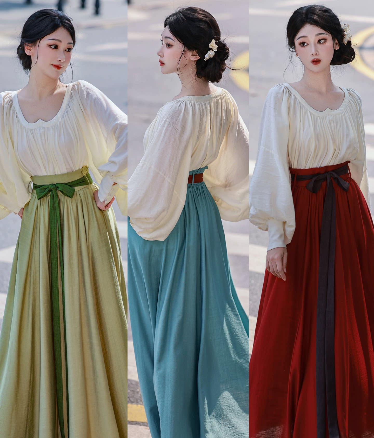 Dreamland Rainbow After Rain Original A-line Elastic Waist Skirt & Sweetheart Neck Blouse Daily Han Element