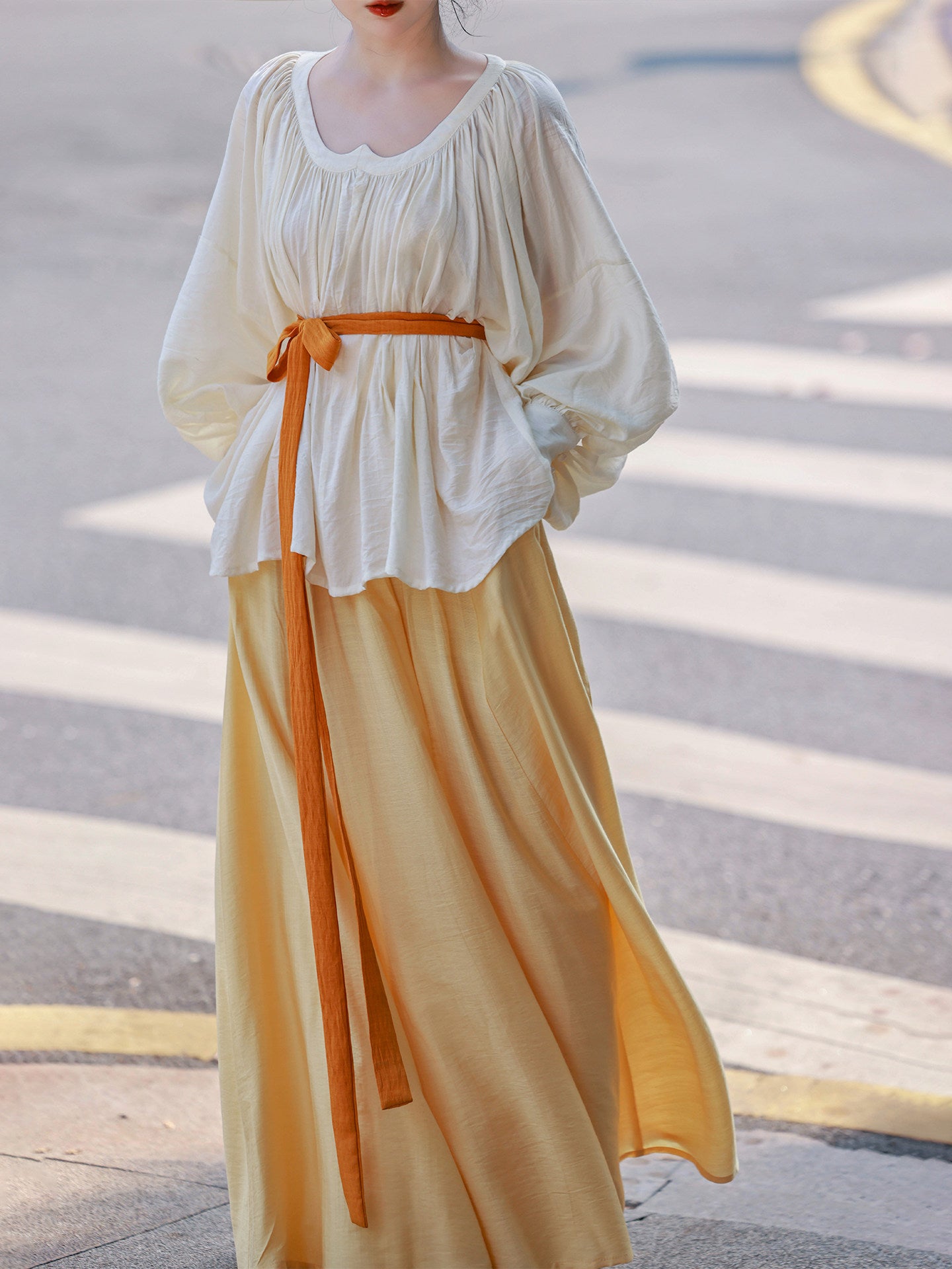 Dreamland Rainbow After Rain Original A-line Elastic Waist Skirt & Sweetheart Neck Blouse Daily Han Element