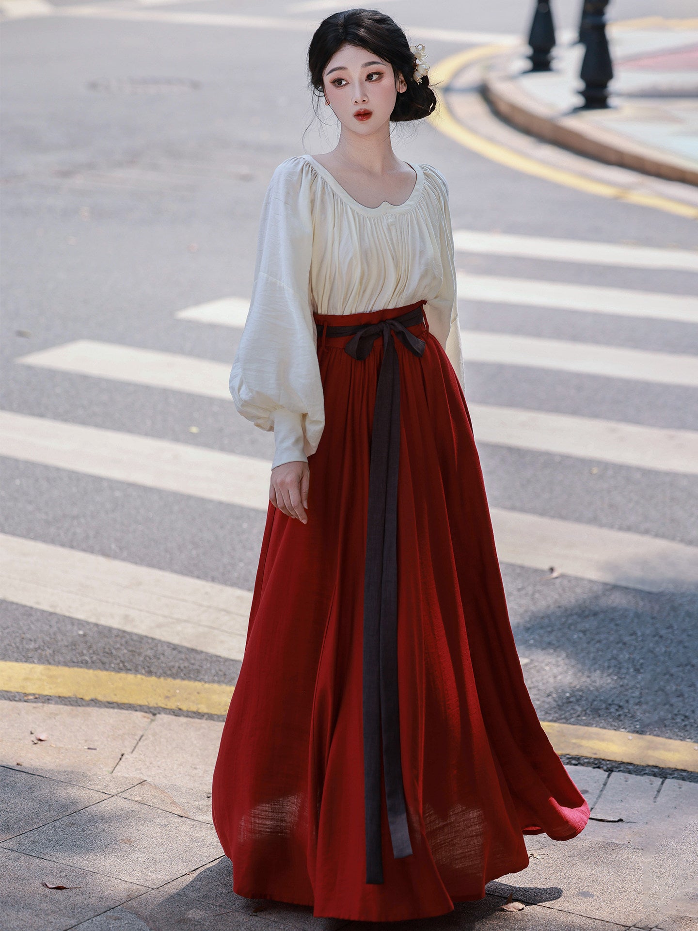 Dreamland Rainbow After Rain Original A-line Elastic Waist Skirt & Sweetheart Neck Blouse Daily Han Element