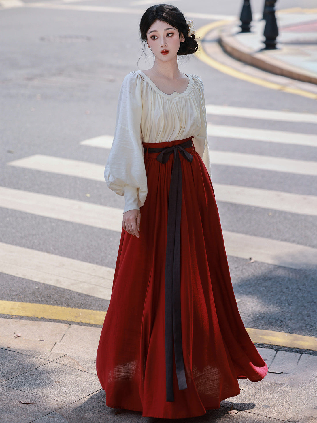 Dreamland Rainbow After Rain Original A-line Elastic Waist Skirt & Sweetheart Neck Blouse Daily Han Element