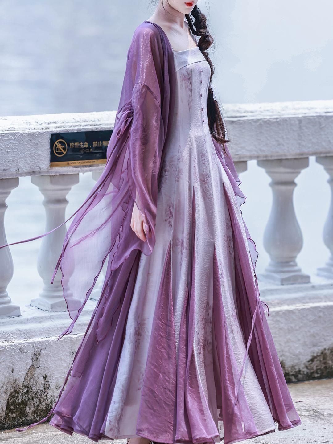 Nimeng Yuhudie Orig Chinese Han-Element Dress, New Chinese Style, Mermaid Hem, Ripped Sleeves, Purple, Spring/Autumn