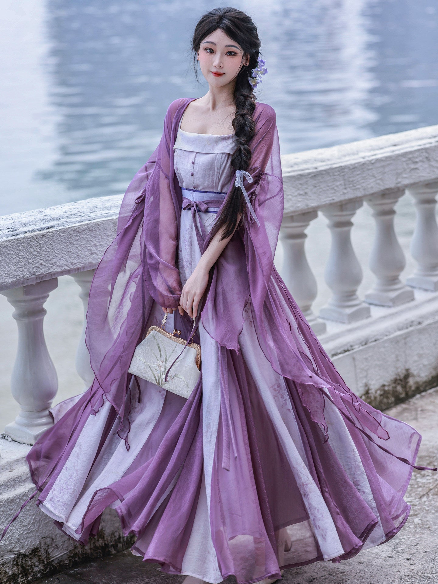 Nimeng Yuhudie Orig Chinese Han-Element Dress, New Chinese Style, Mermaid Hem, Ripped Sleeves, Purple, Spring/Autumn