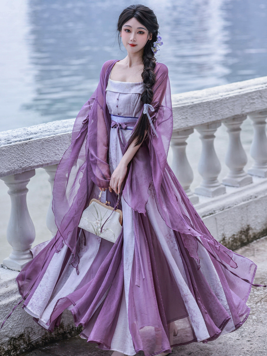 Nimeng Yuhudie Orig Chinese Han-Element Dress, New Chinese Style, Mermaid Hem, Ripped Sleeves, Purple, Spring/Autumn