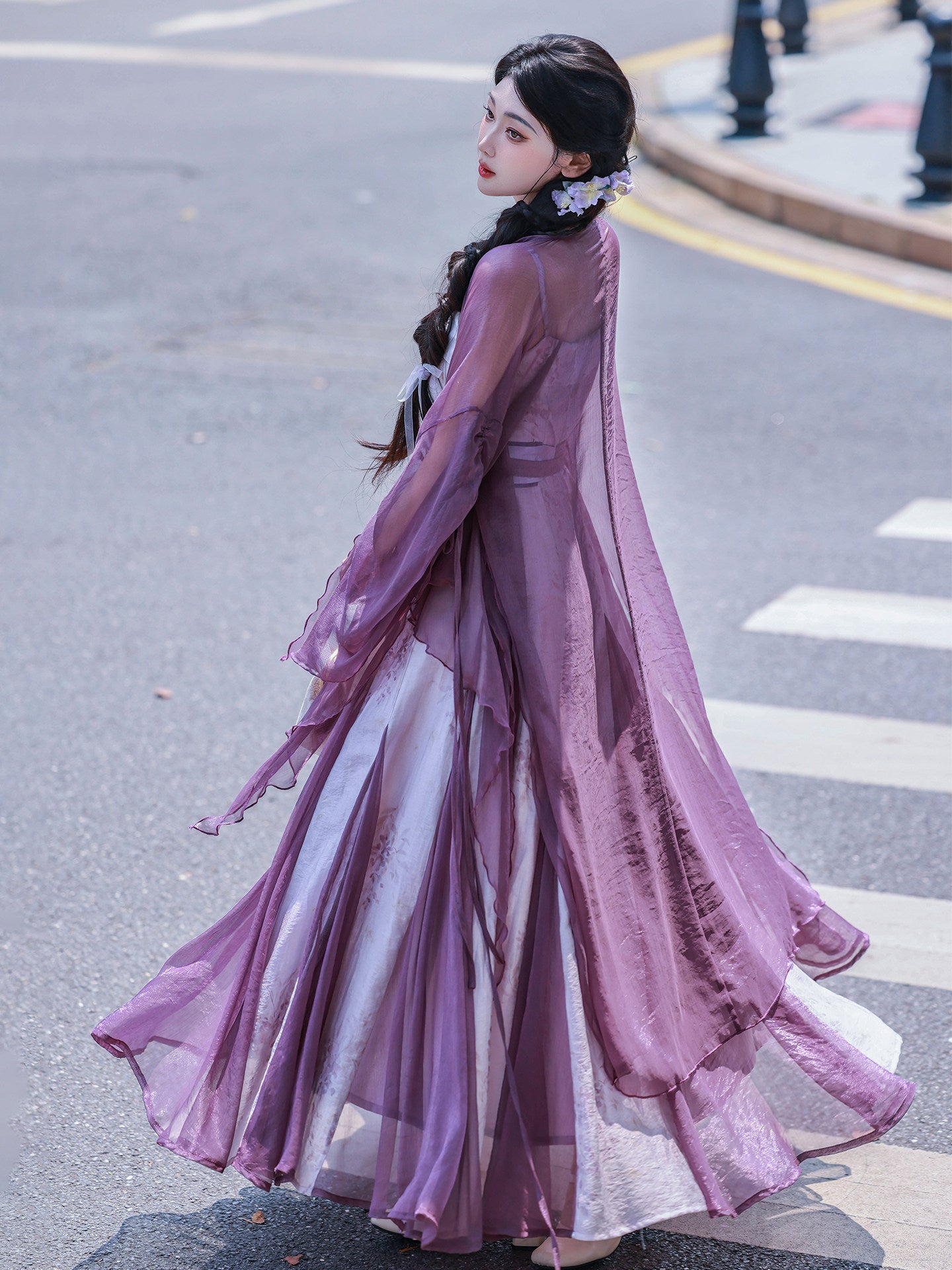 Nimeng Yuhudie Orig Chinese Han-Element Dress, New Chinese Style, Mermaid Hem, Ripped Sleeves, Purple, Spring/Autumn