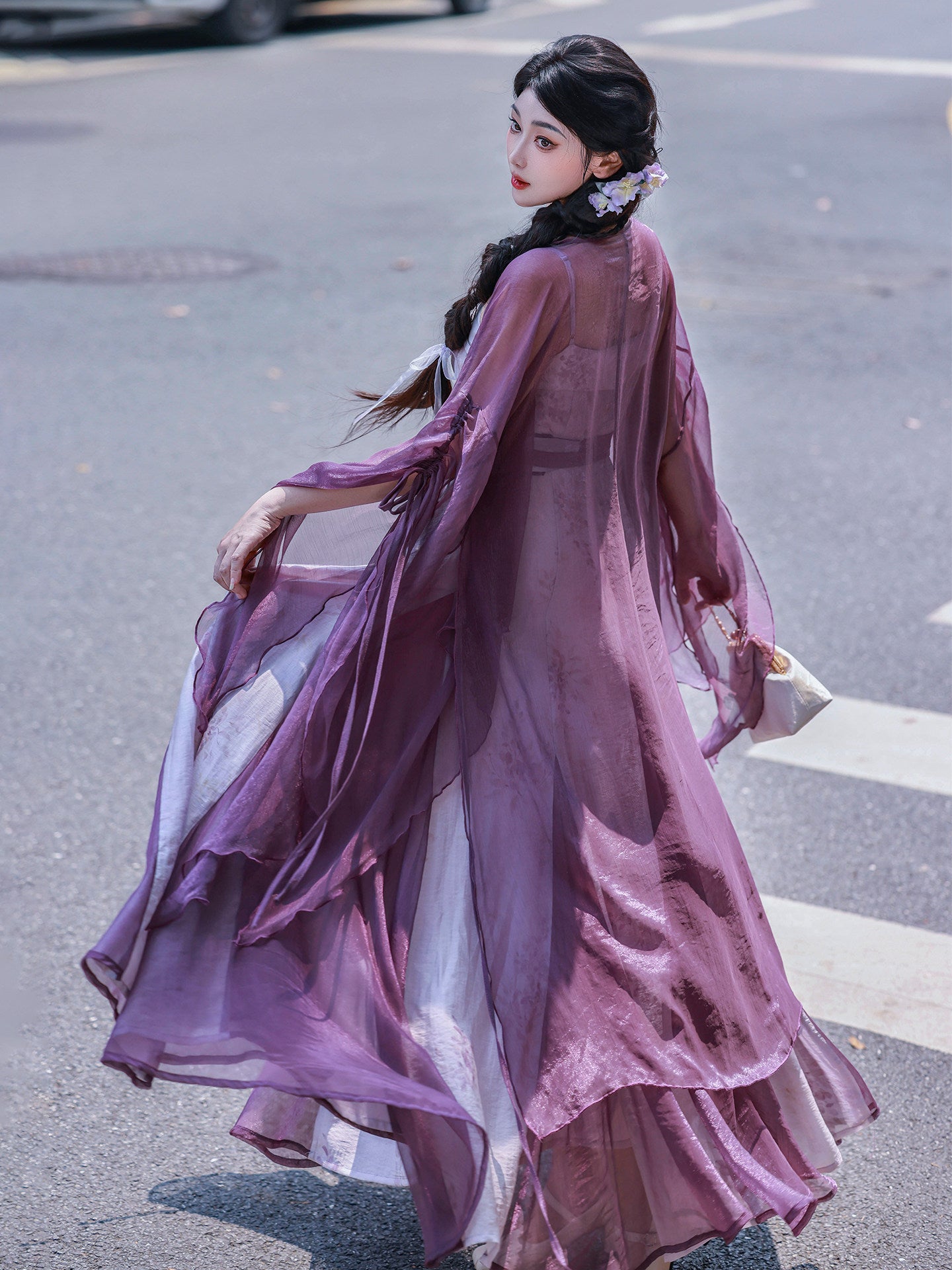 Nimeng Yuhudie Orig Chinese Han-Element Dress, New Chinese Style, Mermaid Hem, Ripped Sleeves, Purple, Spring/Autumn