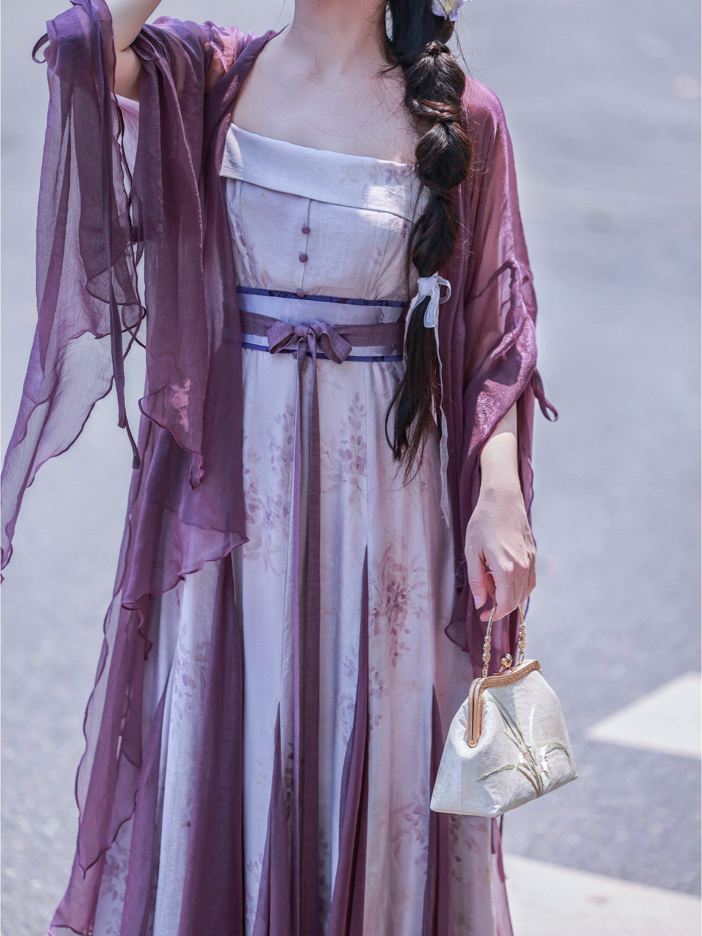 Nimeng Yuhudie Orig Chinese Han-Element Dress, New Chinese Style, Mermaid Hem, Ripped Sleeves, Purple, Spring/Autumn