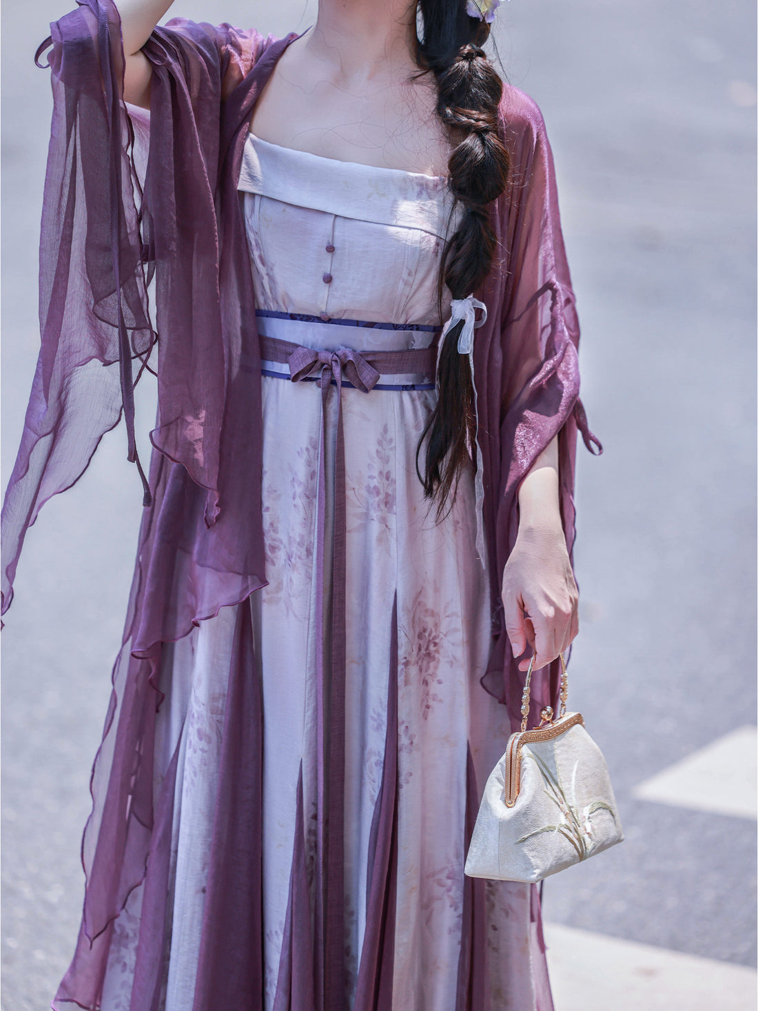 Nimeng Yuhudie Orig Chinese Han-Element Dress, New Chinese Style, Mermaid Hem, Ripped Sleeves, Purple, Spring/Autumn