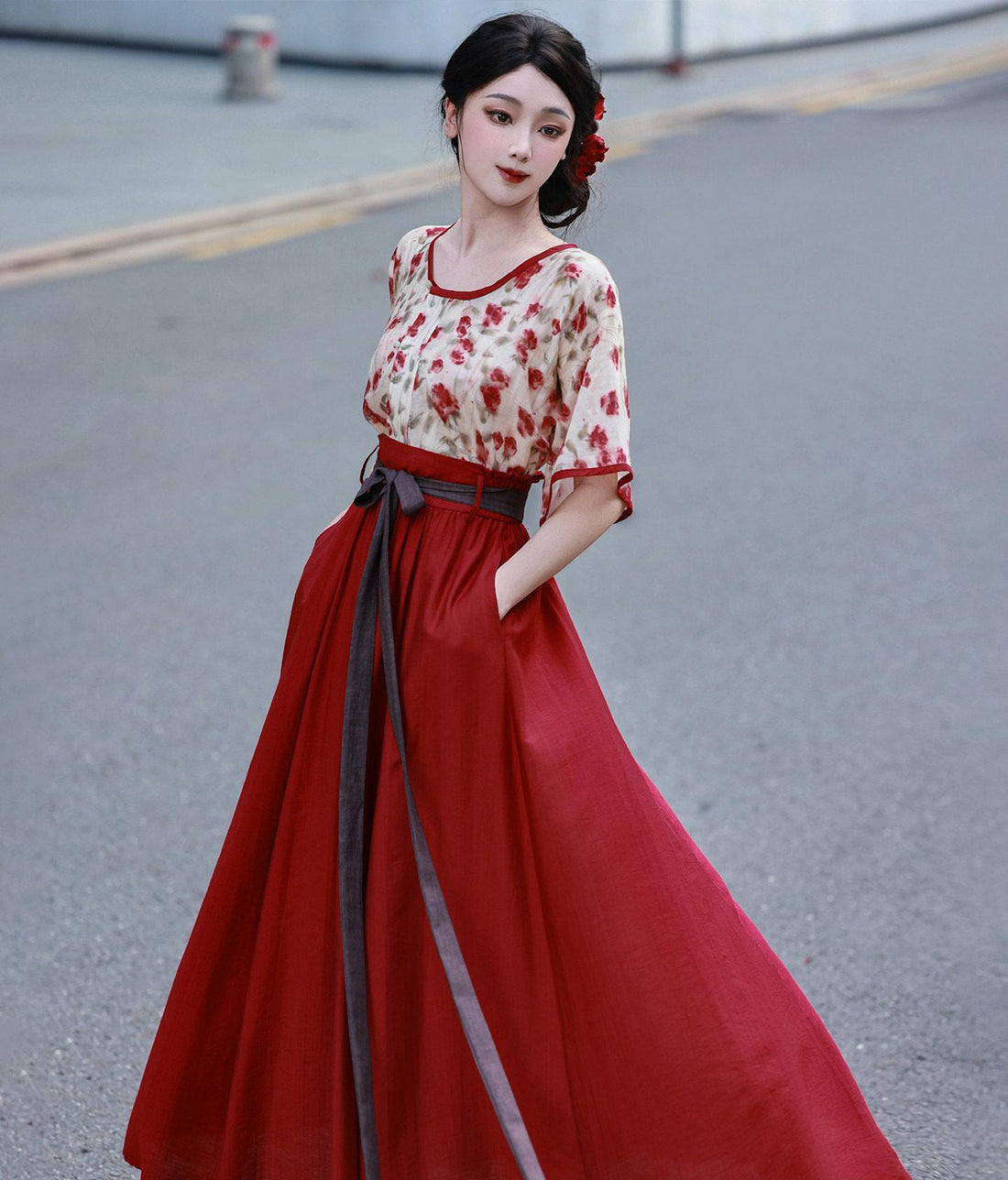 Dream Rose Iced Tea Original Tang Back Han-style Half Skirt w/ Pockets, Elastic Waist, Rayon, Commute & Daily Wear, Bright