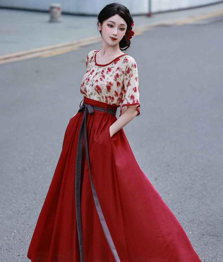 Dream Rose Iced Tea Original Tang Back Han-style Half Skirt w/ Pockets, Elastic Waist, Rayon, Commute & Daily Wear, Bright