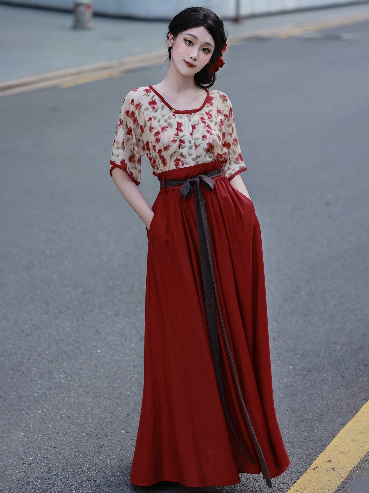 Dream Rose Iced Tea Original Tang Back Han-style Half Skirt w/ Pockets, Elastic Waist, Rayon, Commute & Daily Wear, Bright