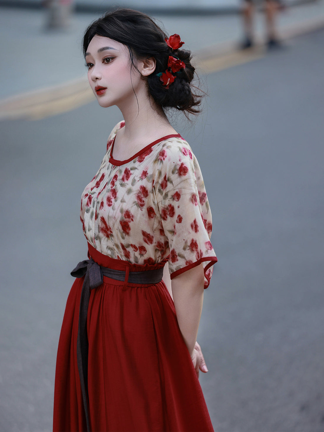 Dream Rose Iced Tea Original Tang Back Han-style Half Skirt w/ Pockets, Elastic Waist, Rayon, Commute & Daily Wear, Bright
