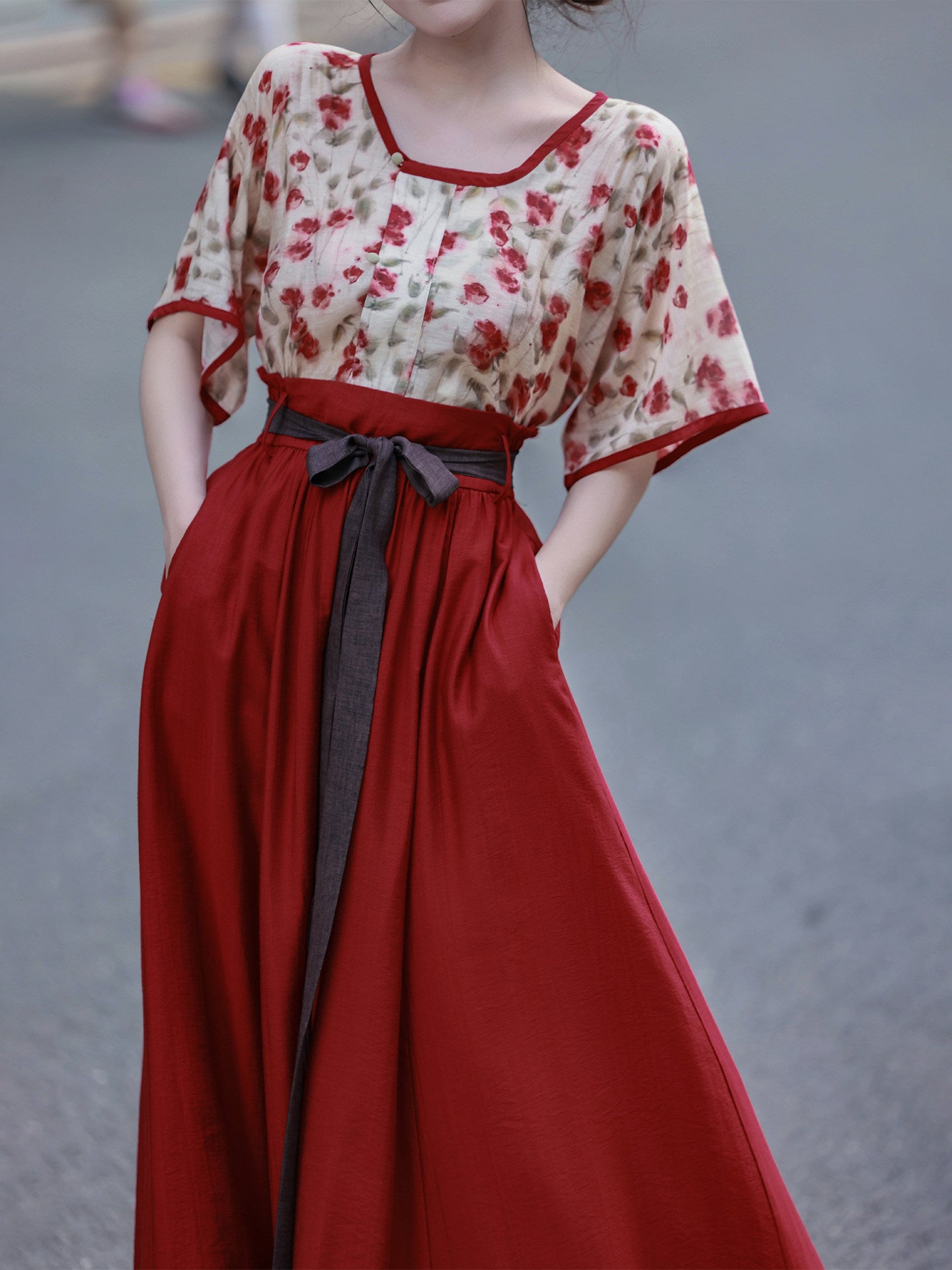 Dream Rose Iced Tea Original Tang Back Han-style Half Skirt w/ Pockets, Elastic Waist, Rayon, Commute & Daily Wear, Bright