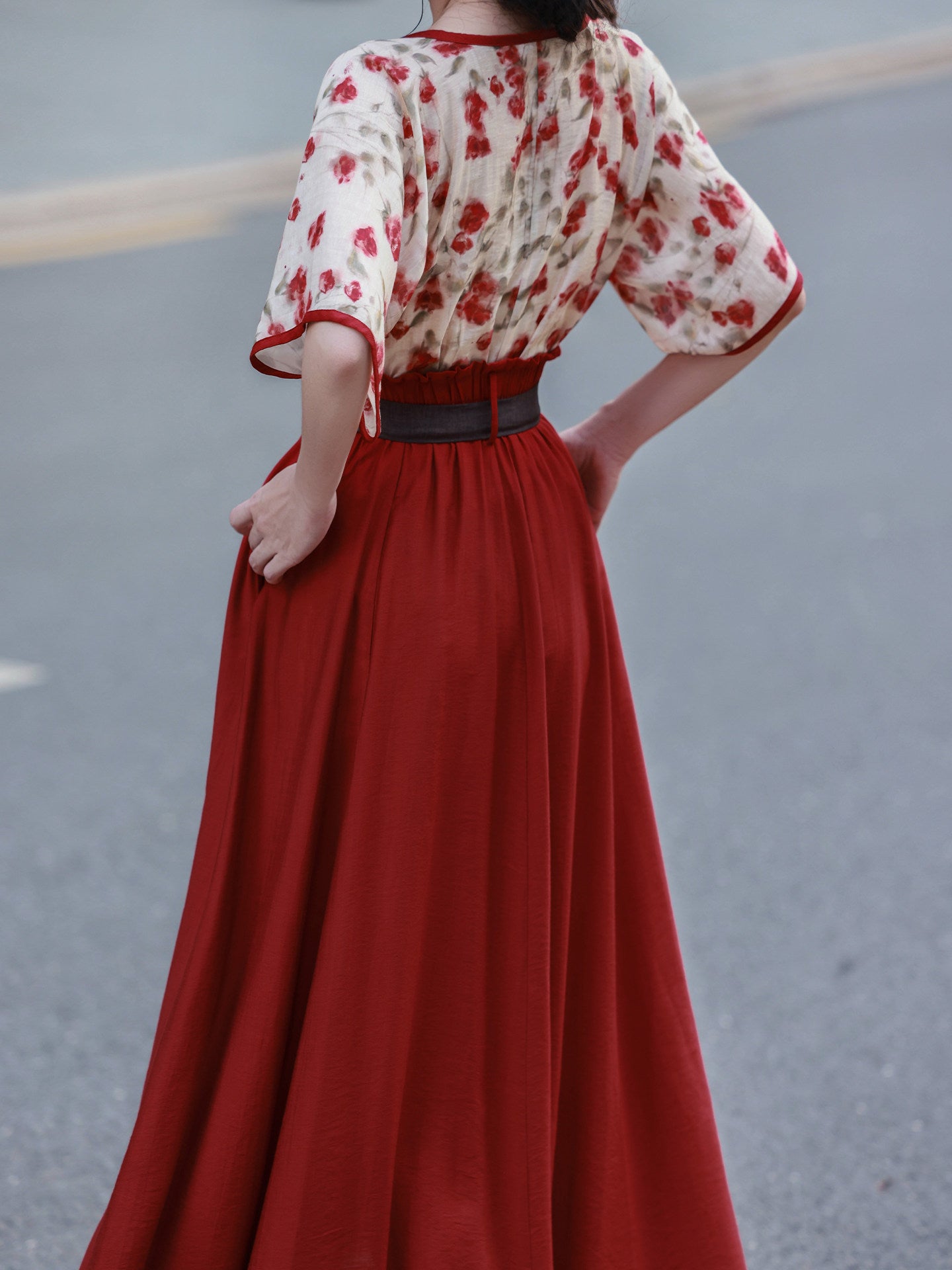 Dream Rose Iced Tea Original Tang Back Han-style Half Skirt w/ Pockets, Elastic Waist, Rayon, Commute & Daily Wear, Bright