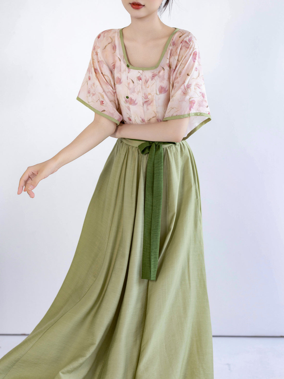 Nimeng Four Seasons Spring Original Chinese Han-style Skirt, Song-style Cross-collar Straight Sleeve Tencel, Daily Commute & Fresh Hanfu
