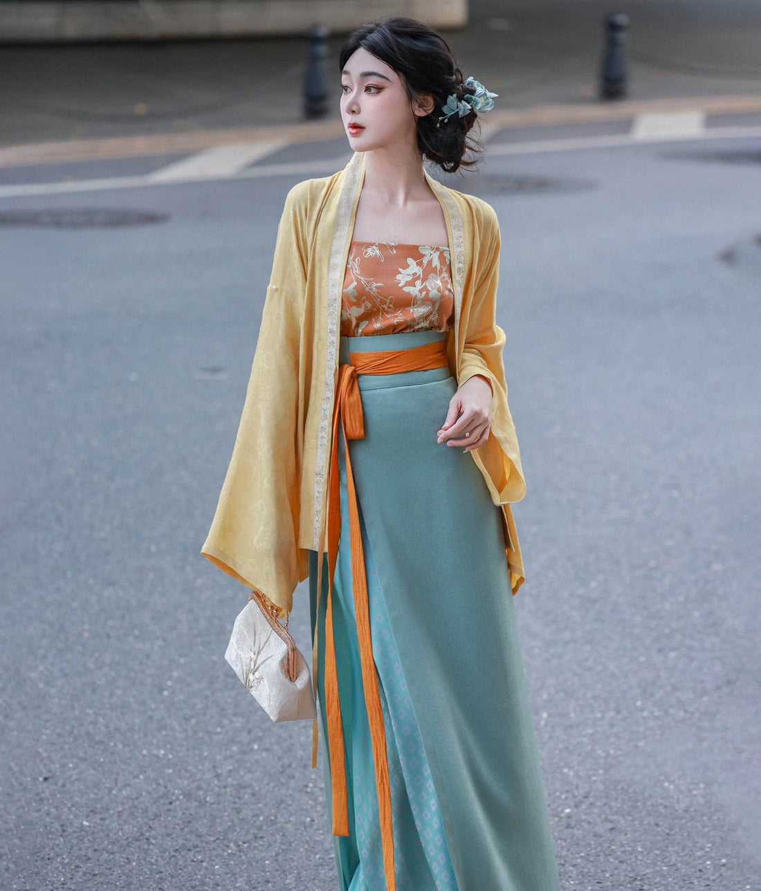 Dream Fragrance Original Song-Style Front-Open Straight-Sleeve Wrap Skirt Spring/Autumn Daily Hanfu Goose Yellow & Green Jacquard