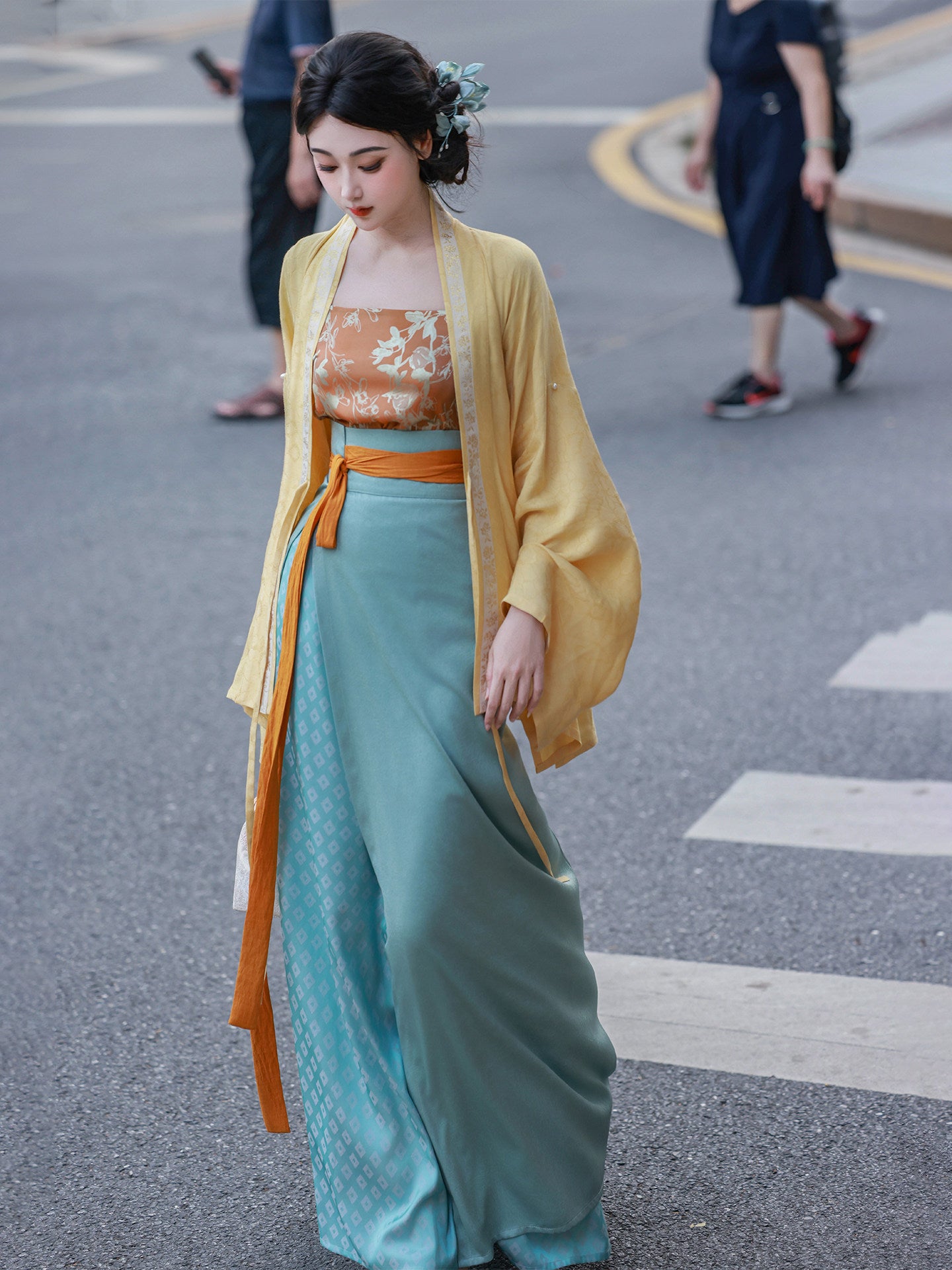 Dream Fragrance Original Song-Style Front-Open Straight-Sleeve Wrap Skirt Spring/Autumn Daily Hanfu Goose Yellow & Green Jacquard