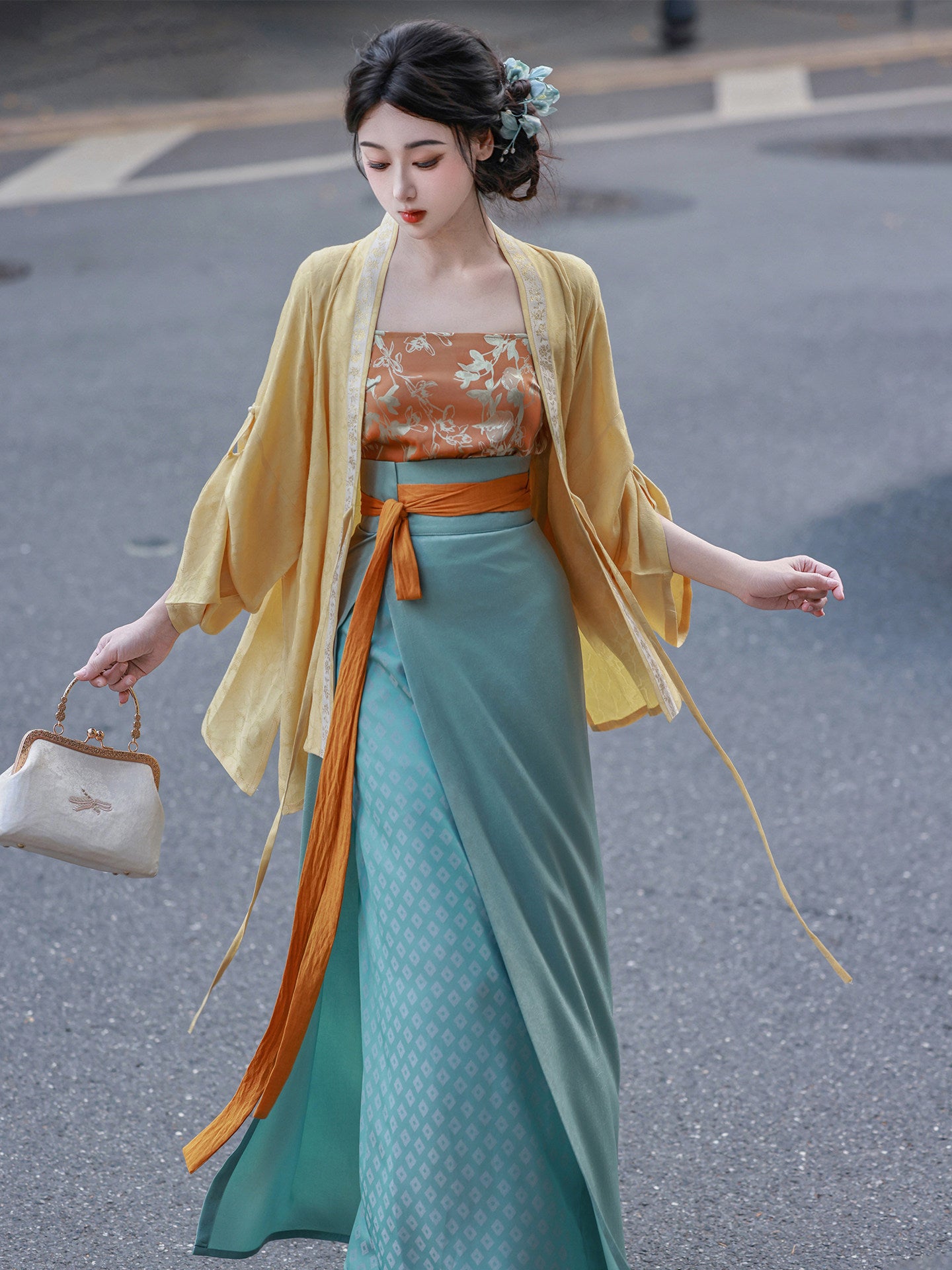 Dream Fragrance Original Song-Style Front-Open Straight-Sleeve Wrap Skirt Spring/Autumn Daily Hanfu Goose Yellow & Green Jacquard