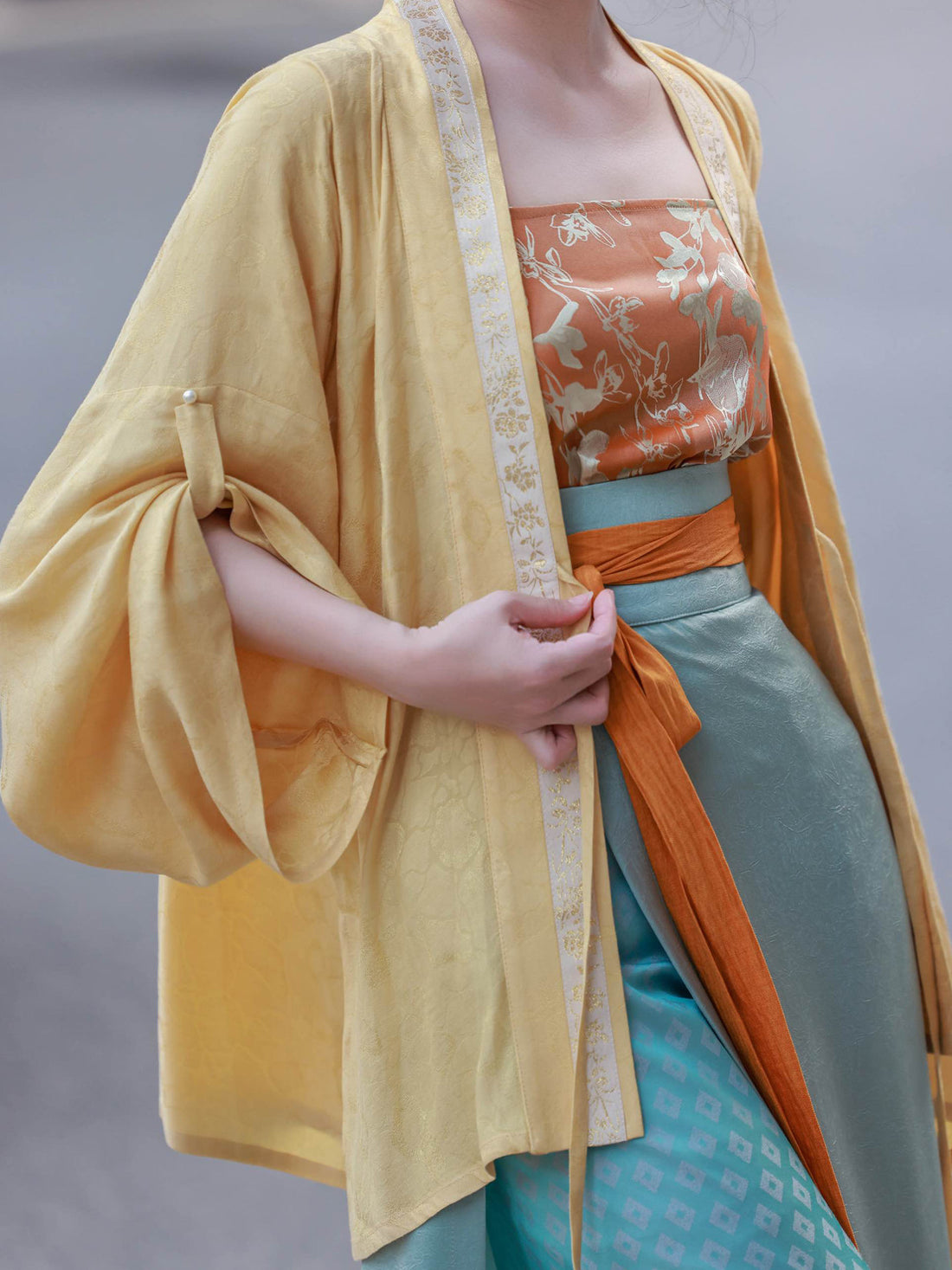 Dream Fragrance Original Song-Style Front-Open Straight-Sleeve Wrap Skirt Spring/Autumn Daily Hanfu Goose Yellow & Green Jacquard