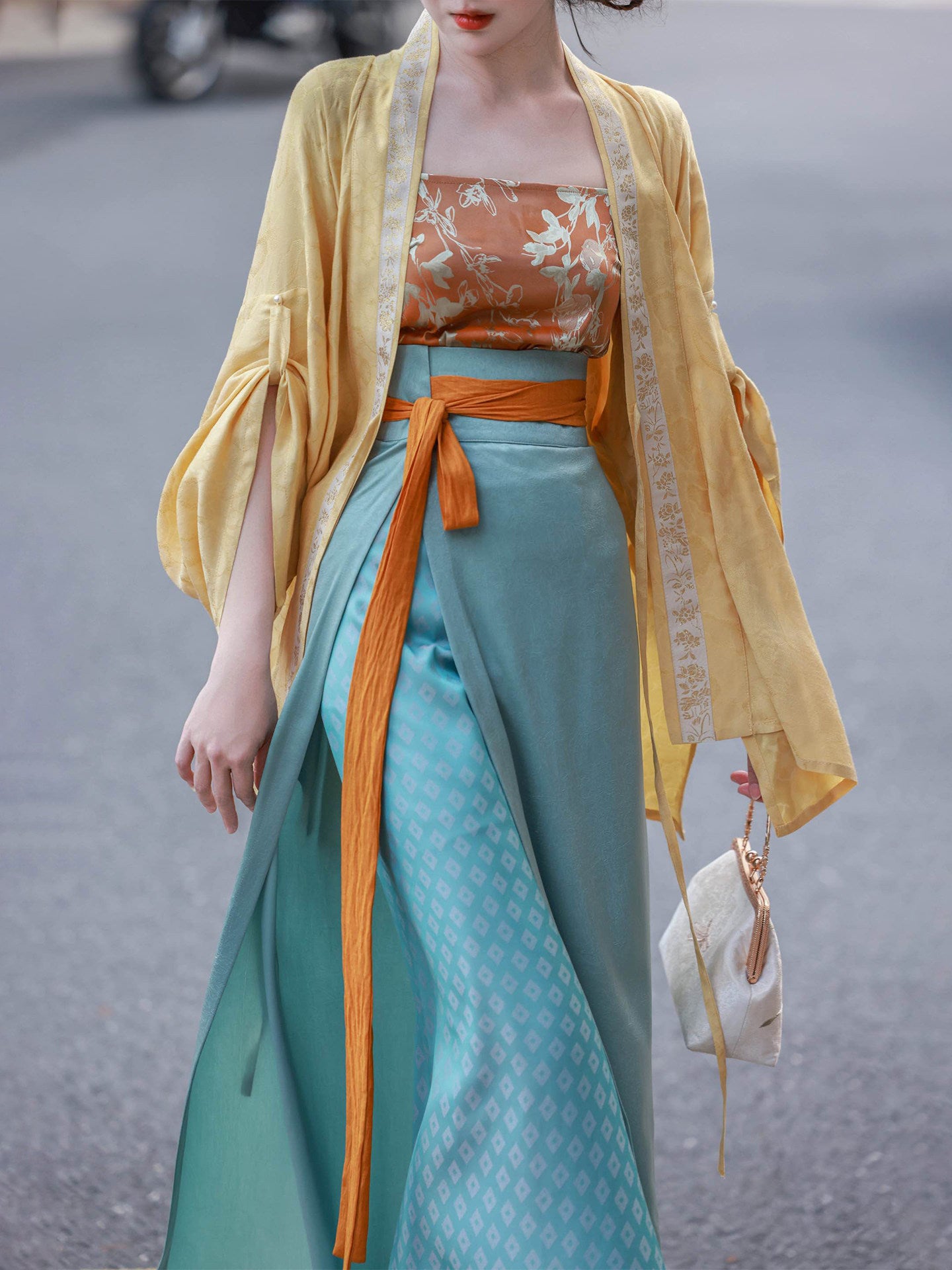 Dream Fragrance Original Song-Style Front-Open Straight-Sleeve Wrap Skirt Spring/Autumn Daily Hanfu Goose Yellow & Green Jacquard