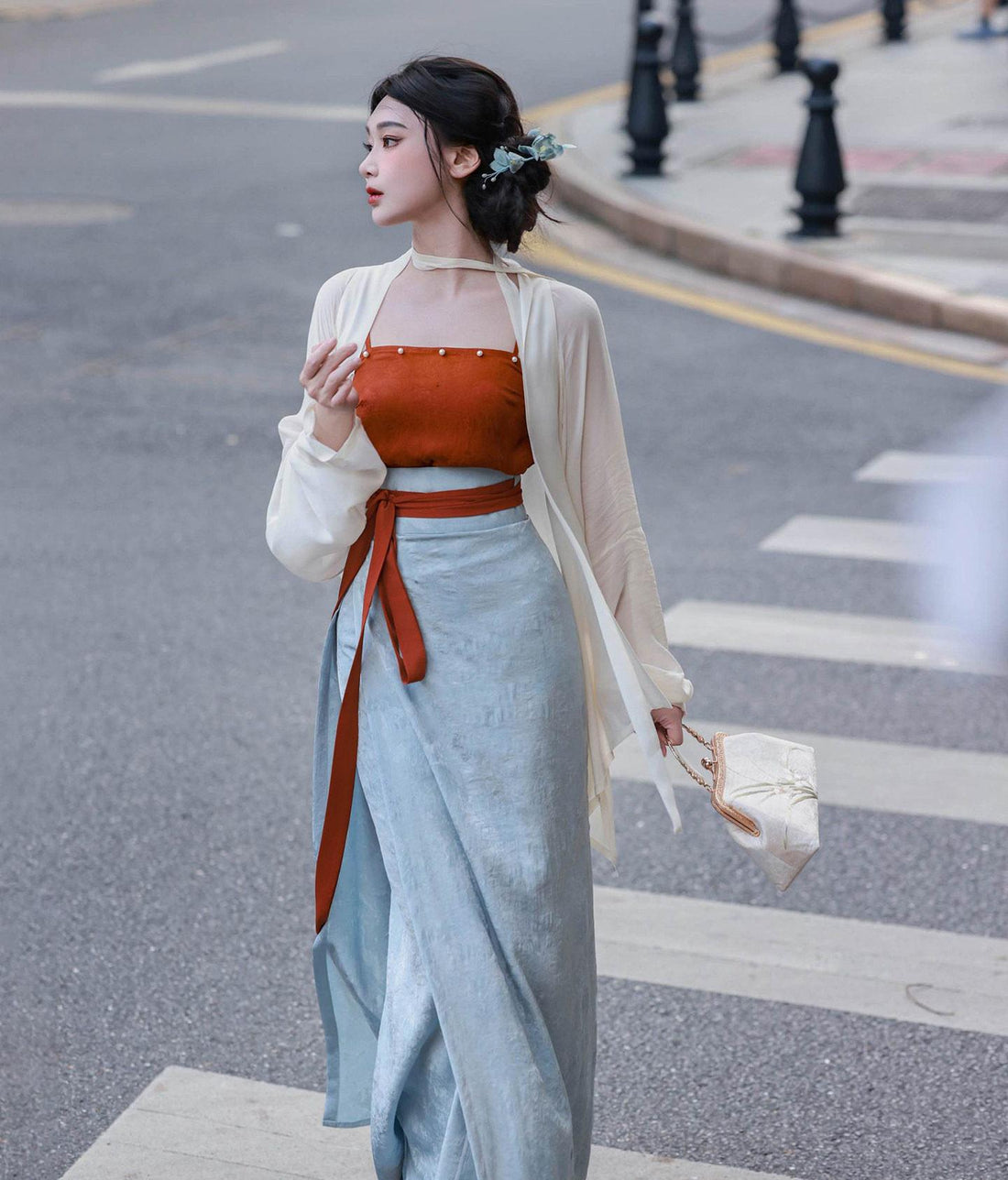 Nimeng Deng Yanyu Original Hanfu Song Dynasty Spiral Skirt, Airplane Sleeves, Color Block, High Quality Commute, Rayon Jacquard, Beaded
