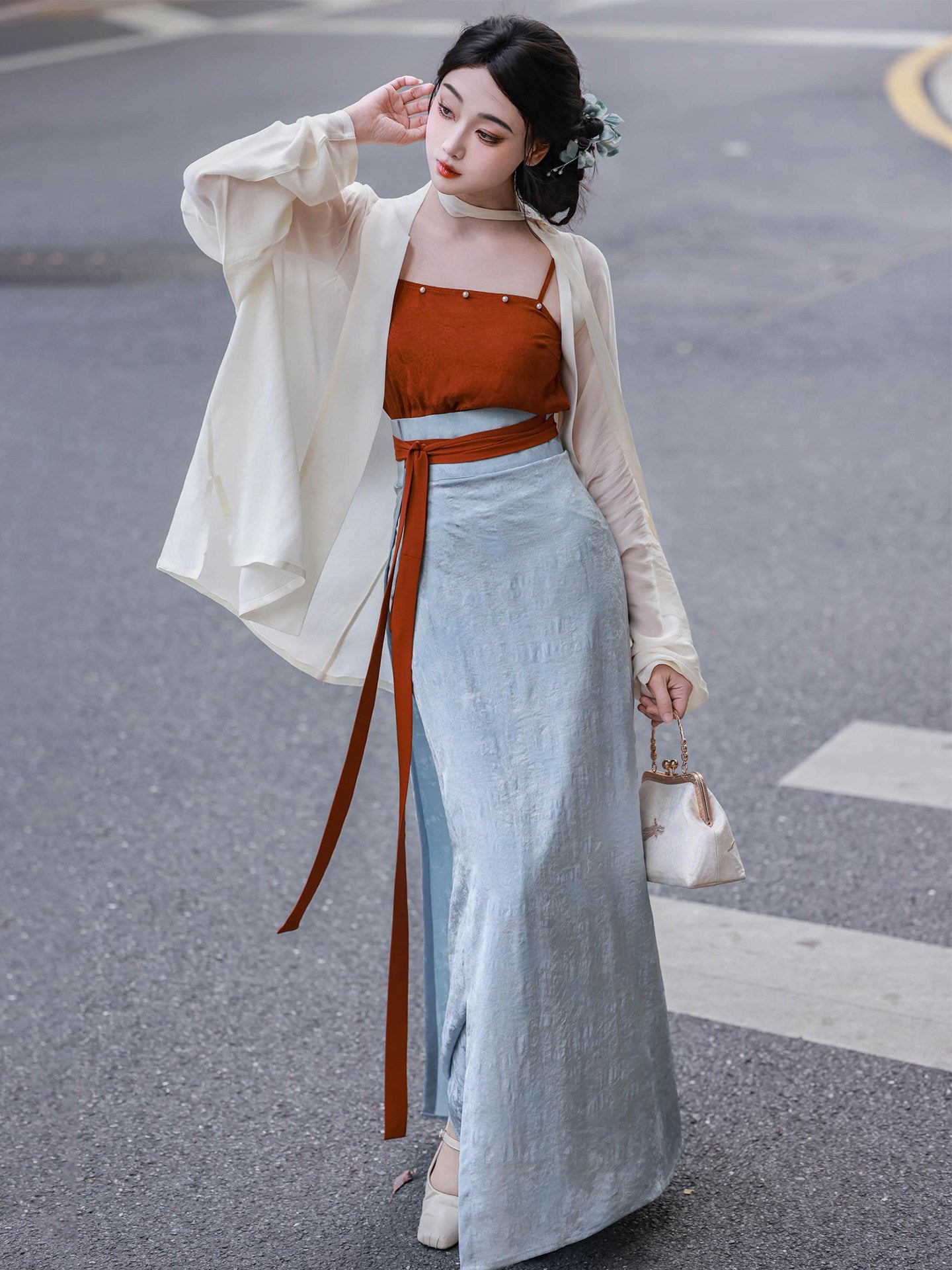 Nimeng Deng Yanyu Original Hanfu Song Dynasty Spiral Skirt, Airplane Sleeves, Color Block, High Quality Commute, Rayon Jacquard, Beaded