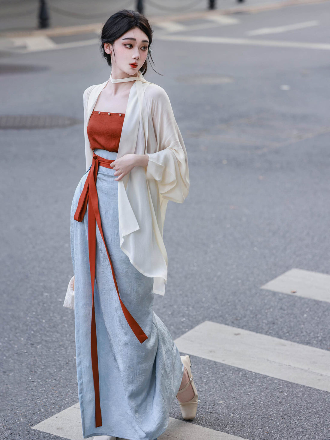 Nimeng Deng Yanyu Original Hanfu Song Dynasty Spiral Skirt, Airplane Sleeves, Color Block, High Quality Commute, Rayon Jacquard, Beaded