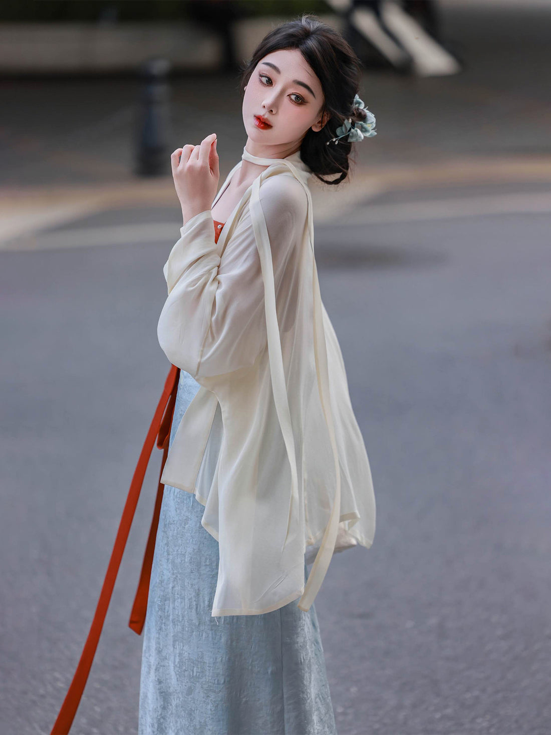 Nimeng Deng Yanyu Original Hanfu Song Dynasty Spiral Skirt, Airplane Sleeves, Color Block, High Quality Commute, Rayon Jacquard, Beaded