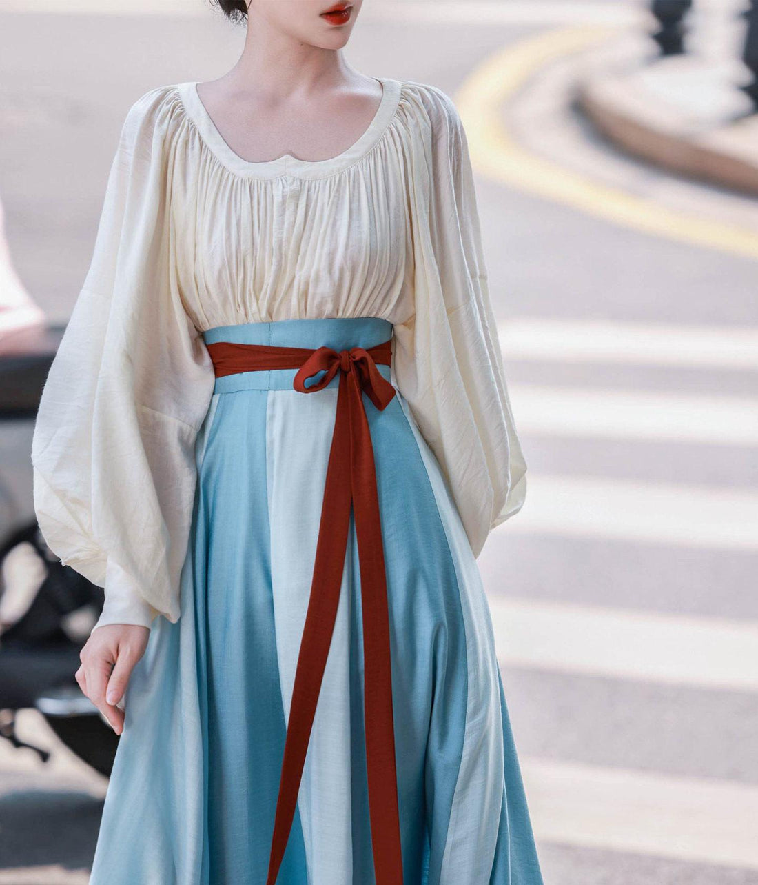 Nimeng Rainbow After Rain Original Chinese-style Sweetheart Neck Shirt & Tang Hanfu Color-blocked Skirt, Simple Daily, Loose Fit