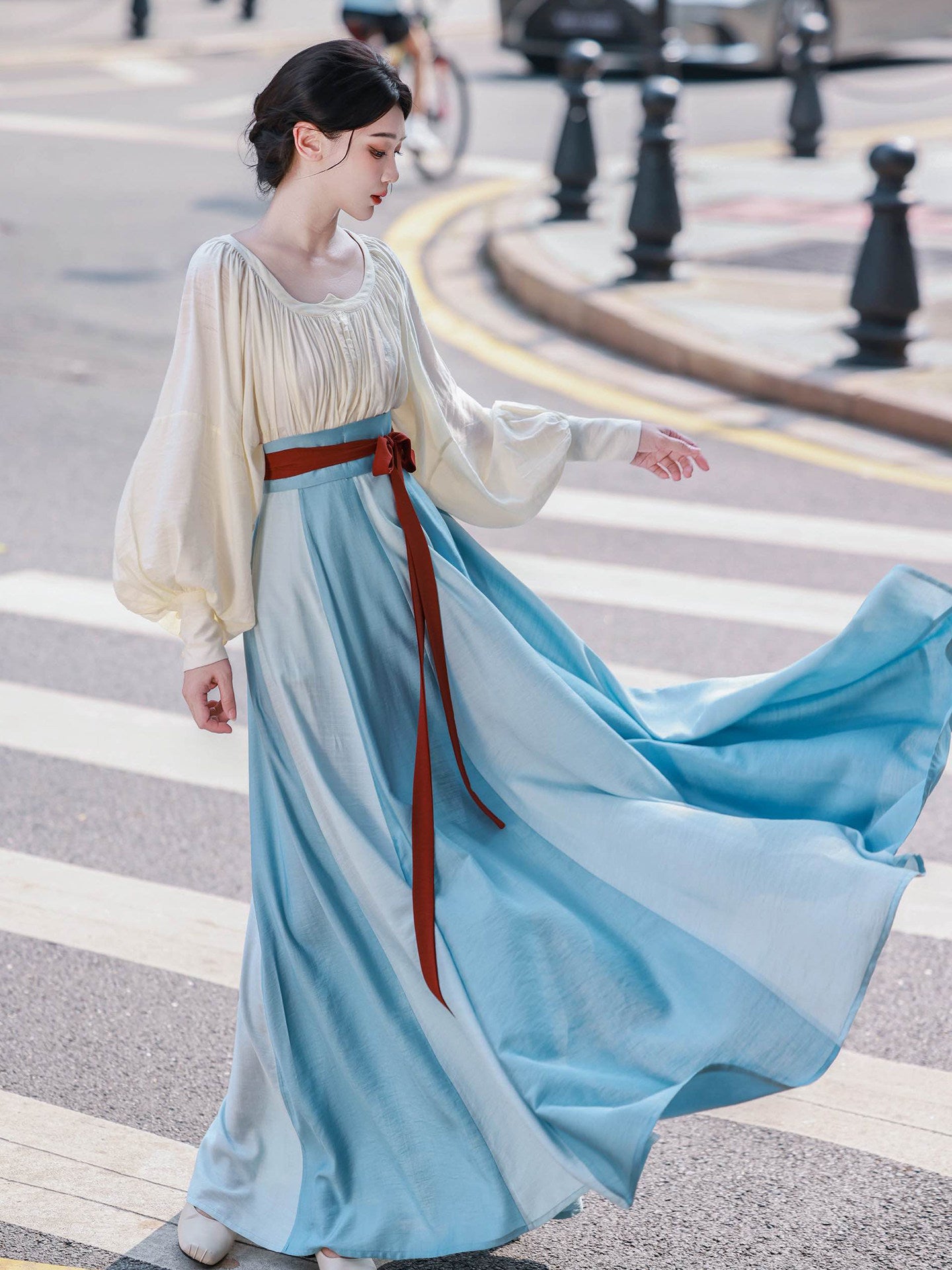 Nimeng Rainbow After Rain Original Chinese-style Sweetheart Neck Shirt & Tang Hanfu Color-blocked Skirt, Simple Daily, Loose Fit