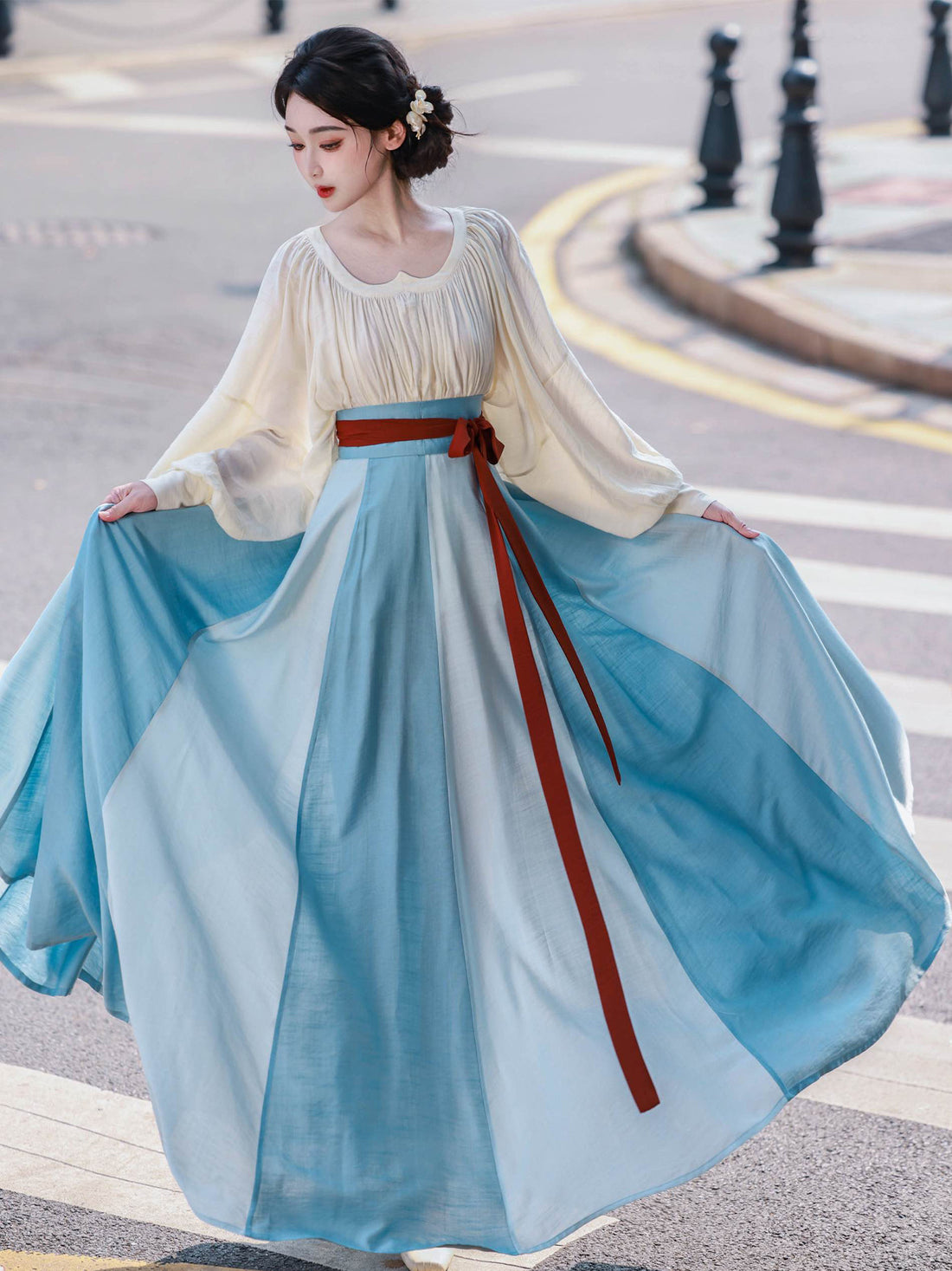 Nimeng Rainbow After Rain Original Chinese-style Sweetheart Neck Shirt & Tang Hanfu Color-blocked Skirt, Simple Daily, Loose Fit