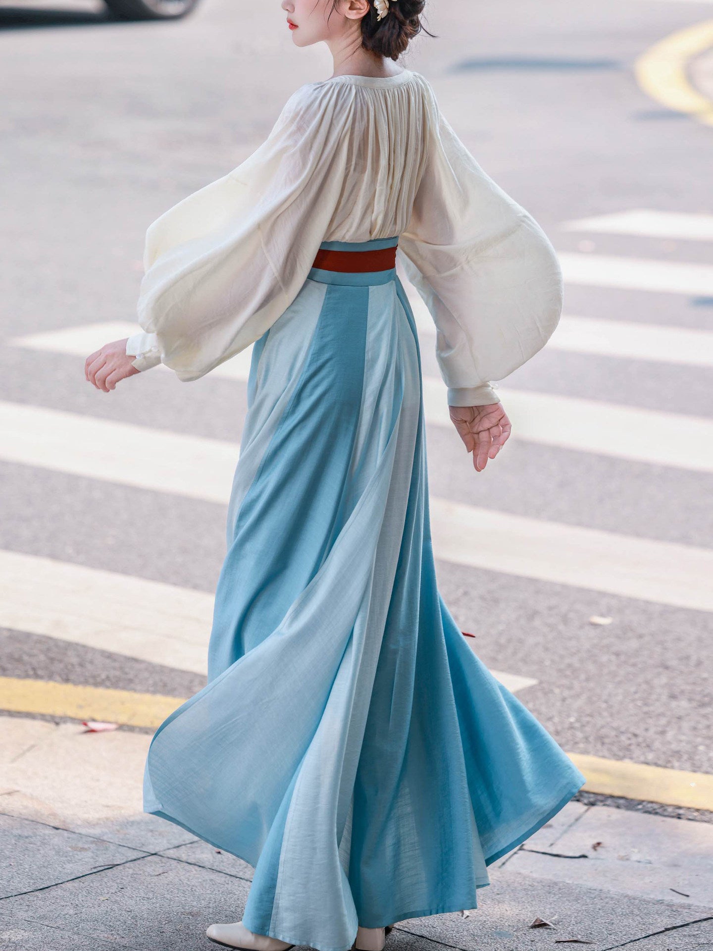 Nimeng Rainbow After Rain Original Chinese-style Sweetheart Neck Shirt & Tang Hanfu Color-blocked Skirt, Simple Daily, Loose Fit