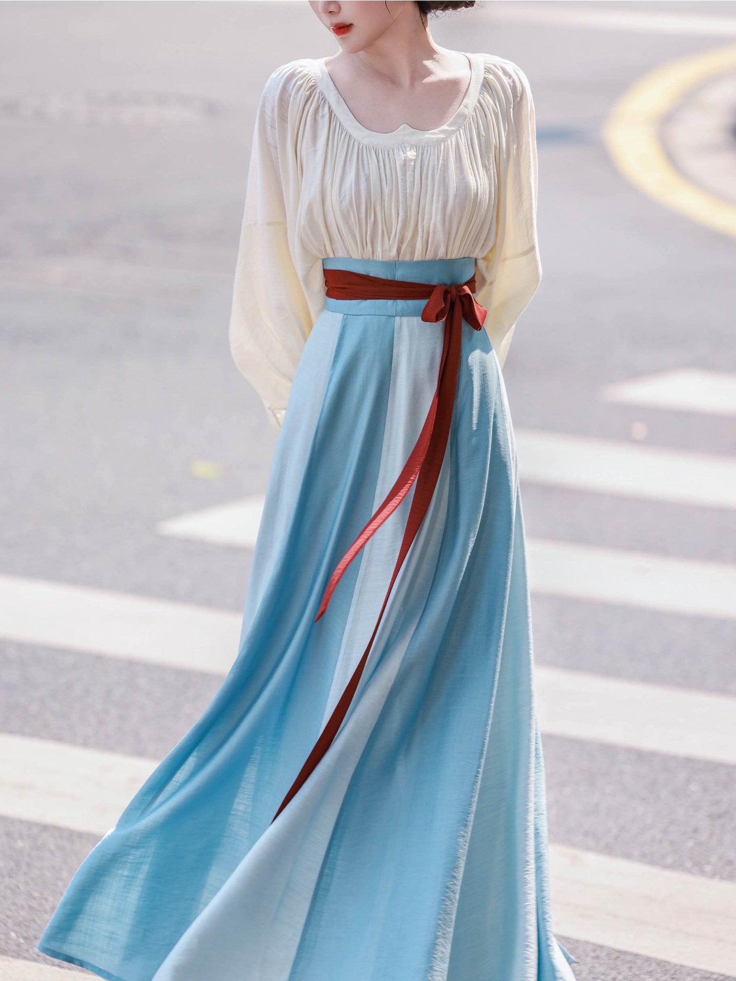 Nimeng Rainbow After Rain Original Chinese-style Sweetheart Neck Shirt & Tang Hanfu Color-blocked Skirt, Simple Daily, Loose Fit