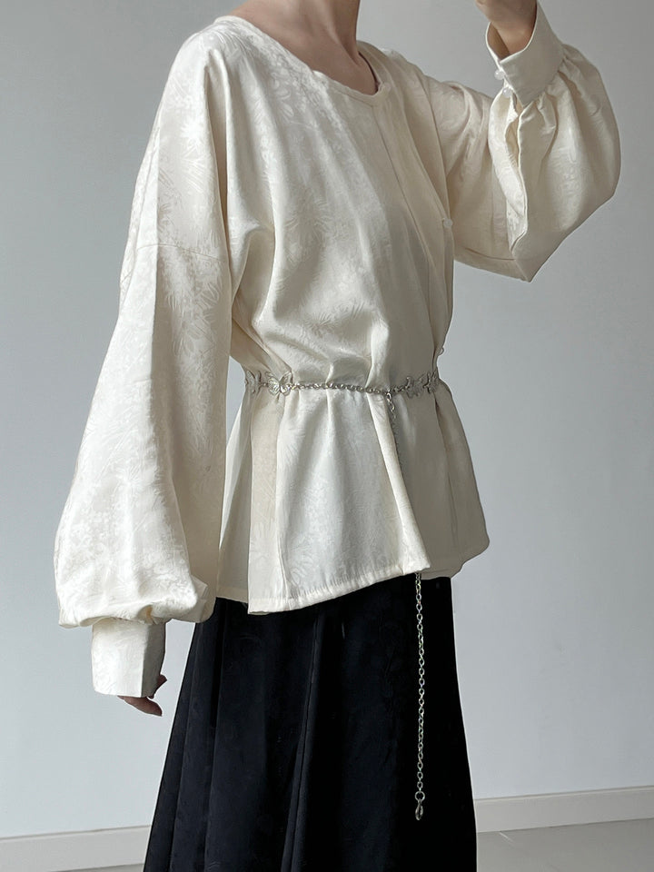 Dark Sleeve Fragrance [Epiphyllum] Hanfu Women Modified Tang-style Round Collar Top w/ Shadow Jacquard & Eight-Panel Skirt