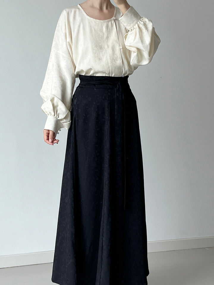 Dark Sleeve Fragrance [Epiphyllum] Hanfu Women Modified Tang-style Round Collar Top w/ Shadow Jacquard & Eight-Panel Skirt