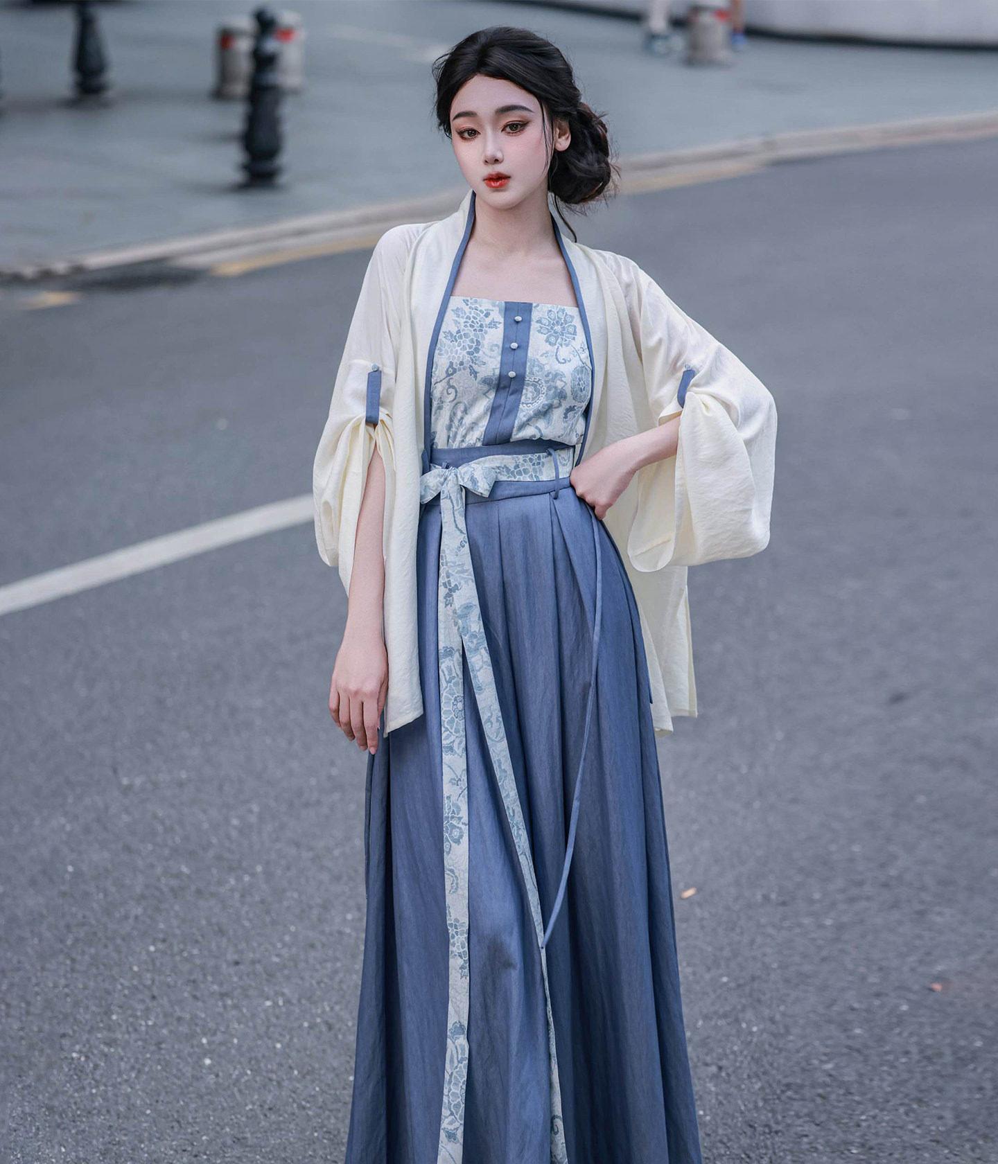 Nimeng Kongqing Original Hanfu Song-style Open-front Jacket w/ Roll-up Sleeves, Elastic Waist Wide-leg Song Pants, Denim Vintage Casual