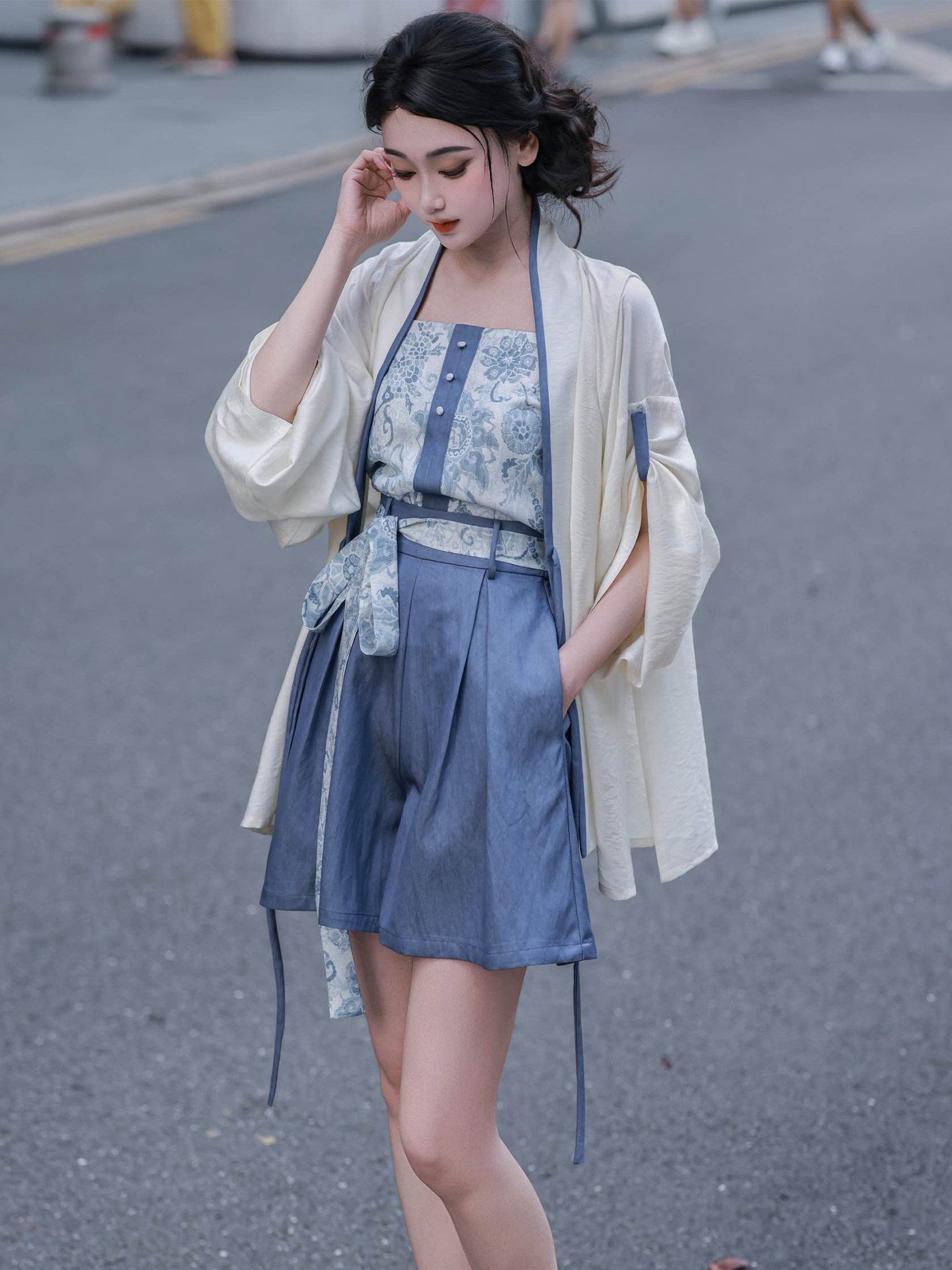 Nimeng Kongqing Original Hanfu Song-style Open-front Jacket w/ Roll-up Sleeves, Elastic Waist Wide-leg Song Pants, Denim Vintage Casual