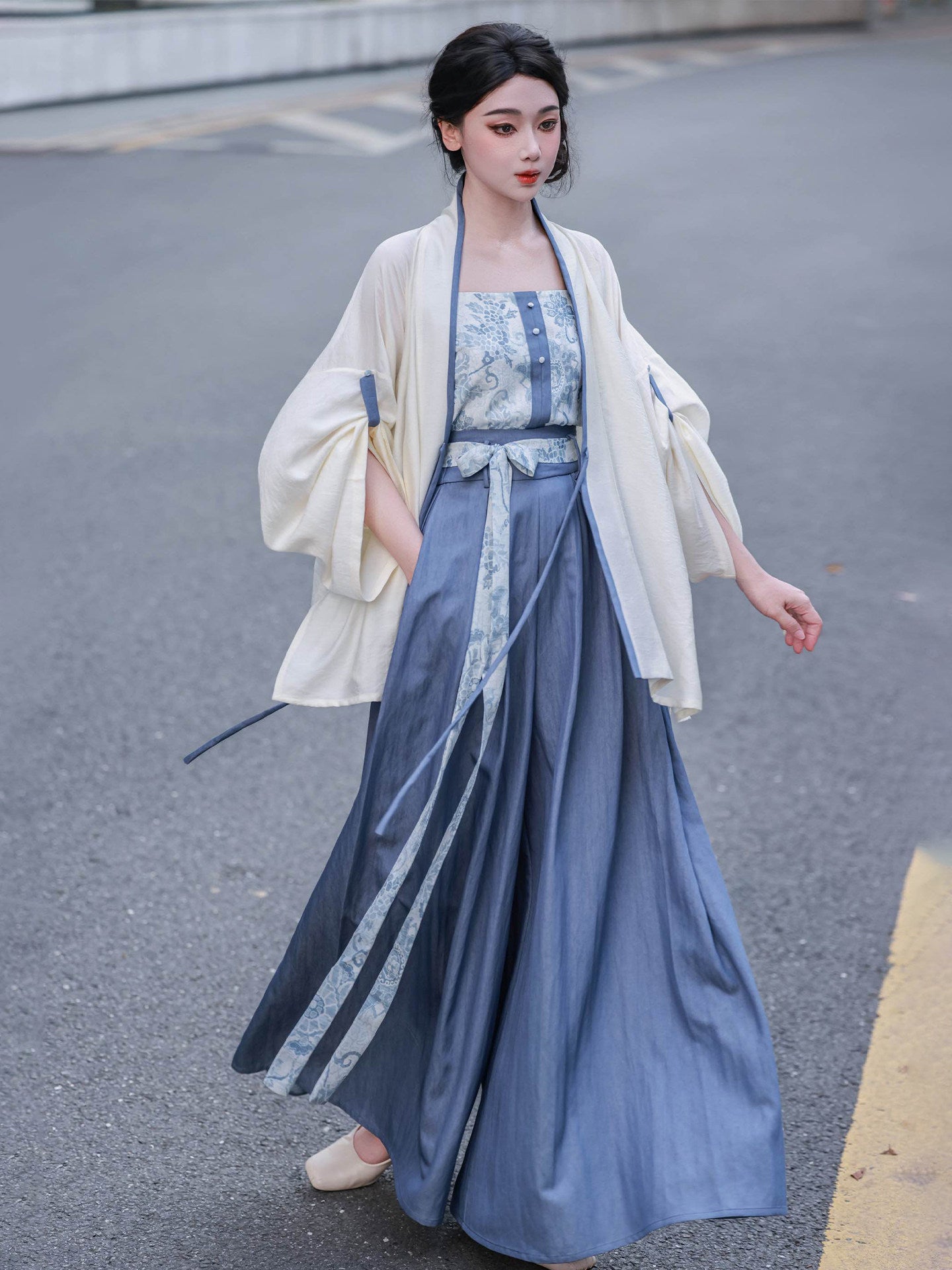 Nimeng Kongqing Original Hanfu Song-style Open-front Jacket w/ Roll-up Sleeves, Elastic Waist Wide-leg Song Pants, Denim Vintage Casual
