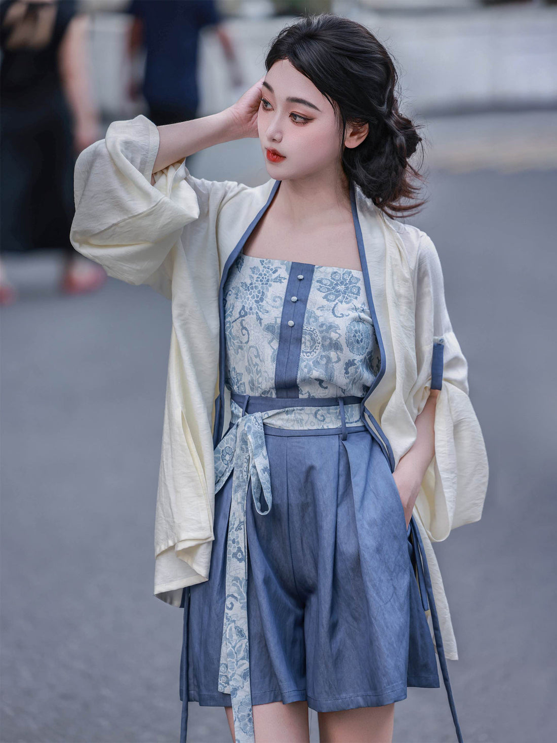Nimeng Kongqing Original Hanfu Song-style Open-front Jacket w/ Roll-up Sleeves, Elastic Waist Wide-leg Song Pants, Denim Vintage Casual