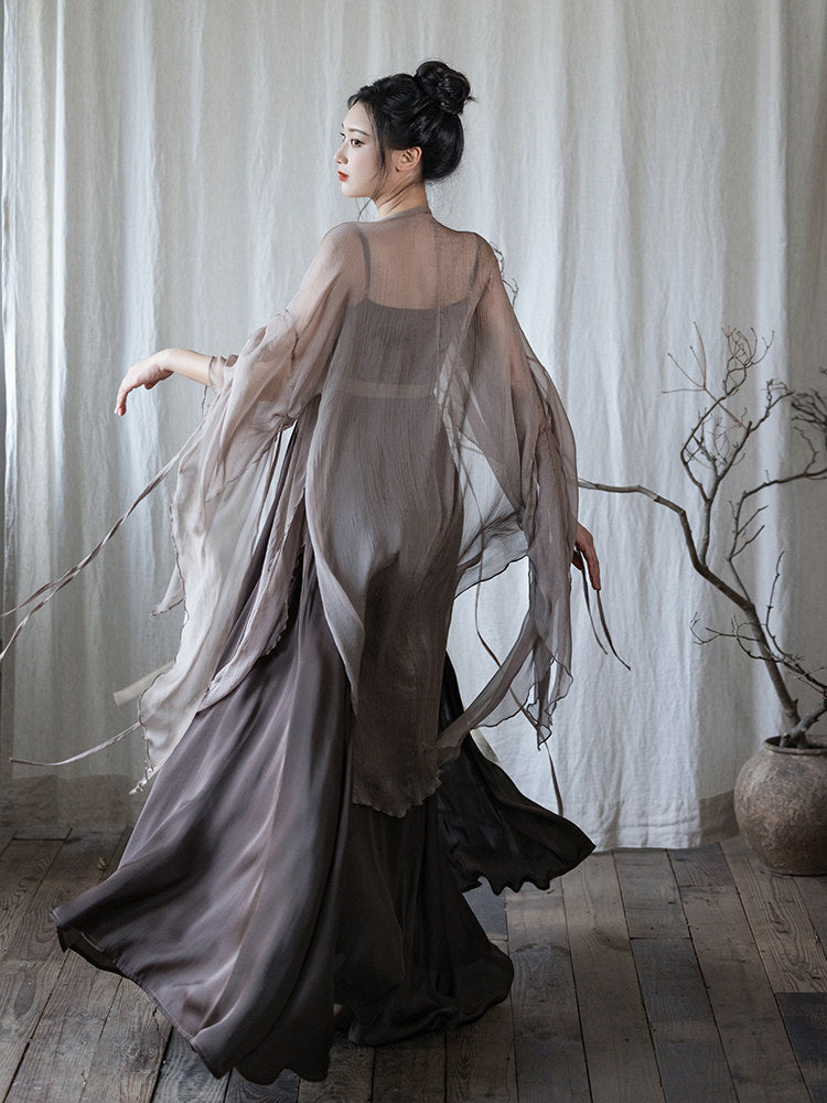 Nimeng Dead Leaf Butterfly Chinese Original Hezi-style Modified Hanfu Dress, Han Elements, Casual Irregular Wide Sleeves Summer