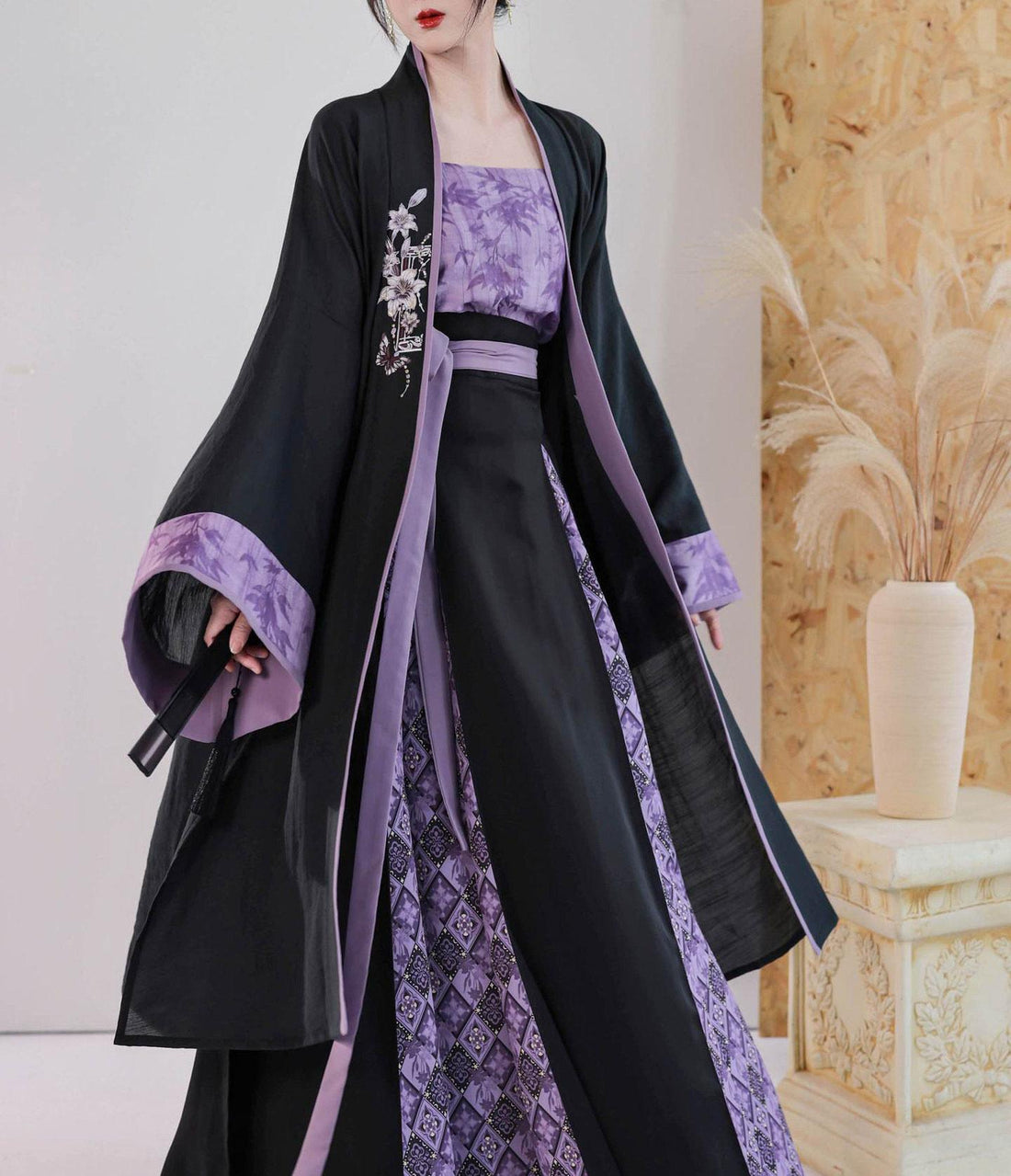 Lily Card Nimeng Original Song-style Cross-collar Long Coat & Spin Skirt, Modified 3-pleat Skirt, Black & Purple Embroidery, Spring-Autumn Contrast