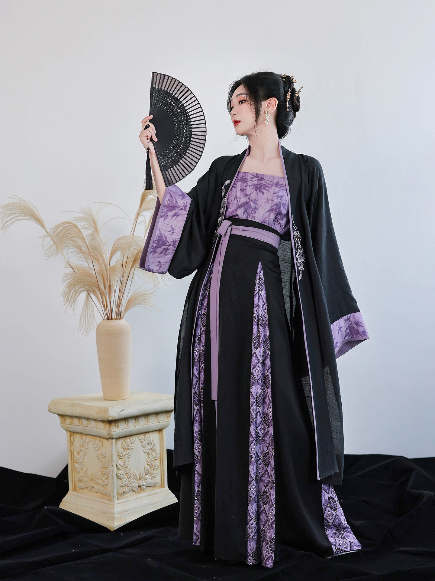 Lily Card Nimeng Original Song-style Cross-collar Long Coat & Spin Skirt, Modified 3-pleat Skirt, Black & Purple Embroidery, Spring-Autumn Contrast