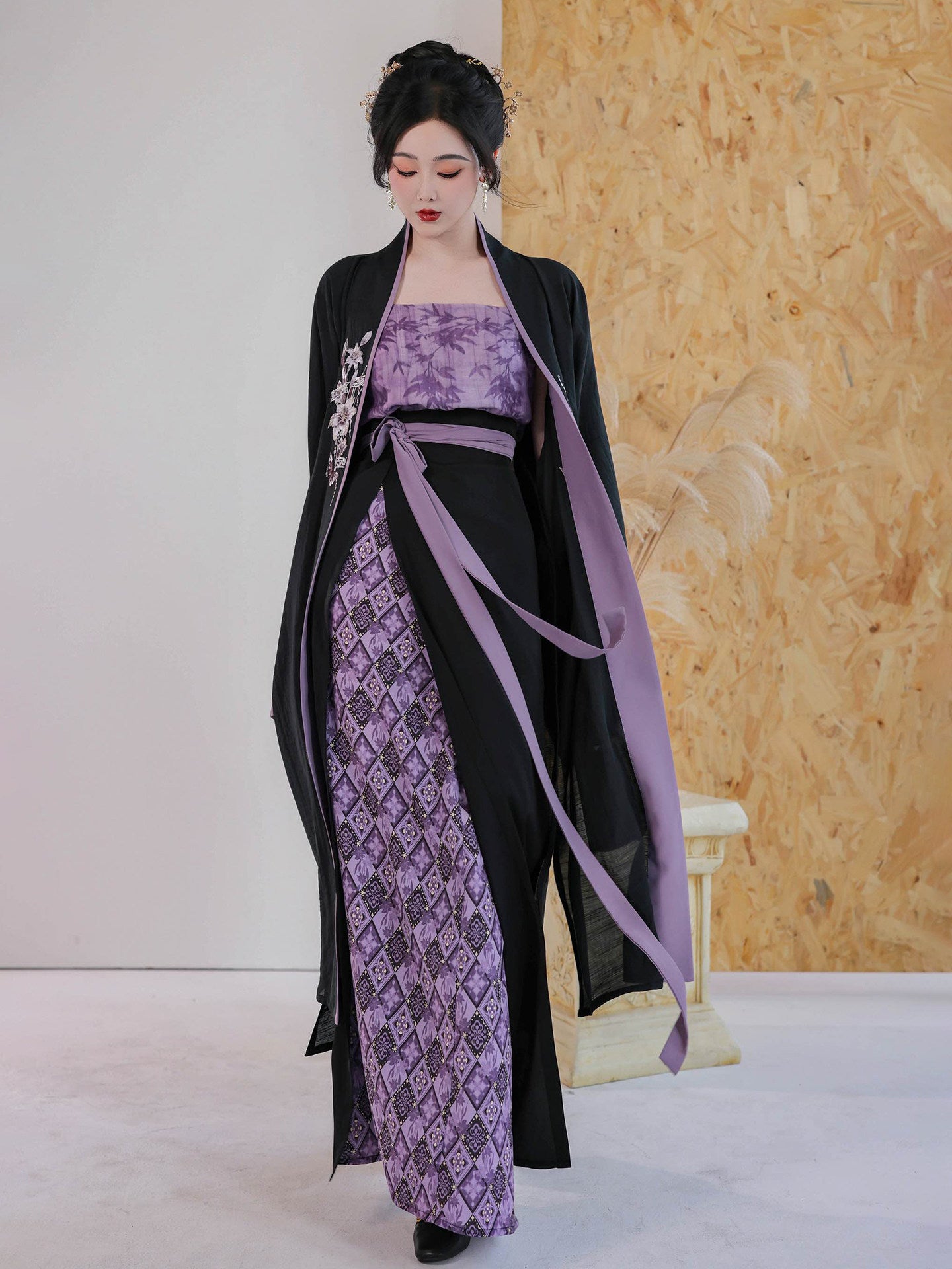 Lily Card Nimeng Original Song-style Cross-collar Long Coat & Spin Skirt, Modified 3-pleat Skirt, Black & Purple Embroidery, Spring-Autumn Contrast