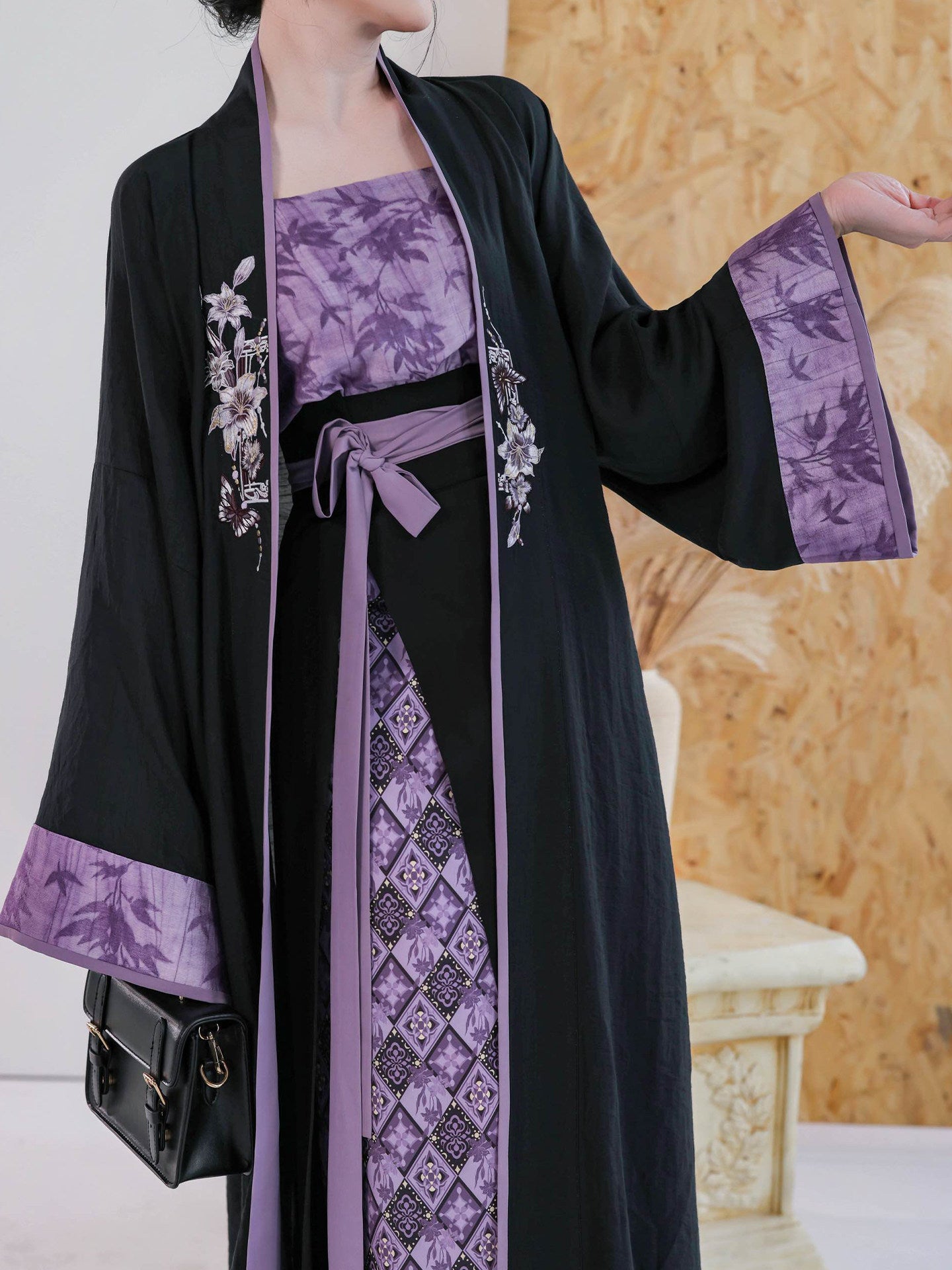 Lily Card Nimeng Original Song-style Cross-collar Long Coat & Spin Skirt, Modified 3-pleat Skirt, Black & Purple Embroidery, Spring-Autumn Contrast