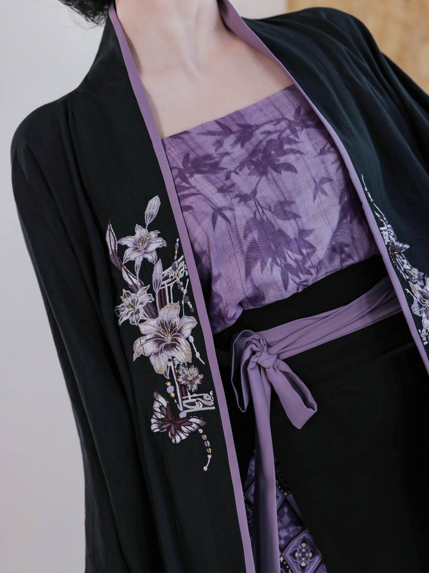 Lily Card Nimeng Original Song-style Cross-collar Long Coat & Spin Skirt, Modified 3-pleat Skirt, Black & Purple Embroidery, Spring-Autumn Contrast