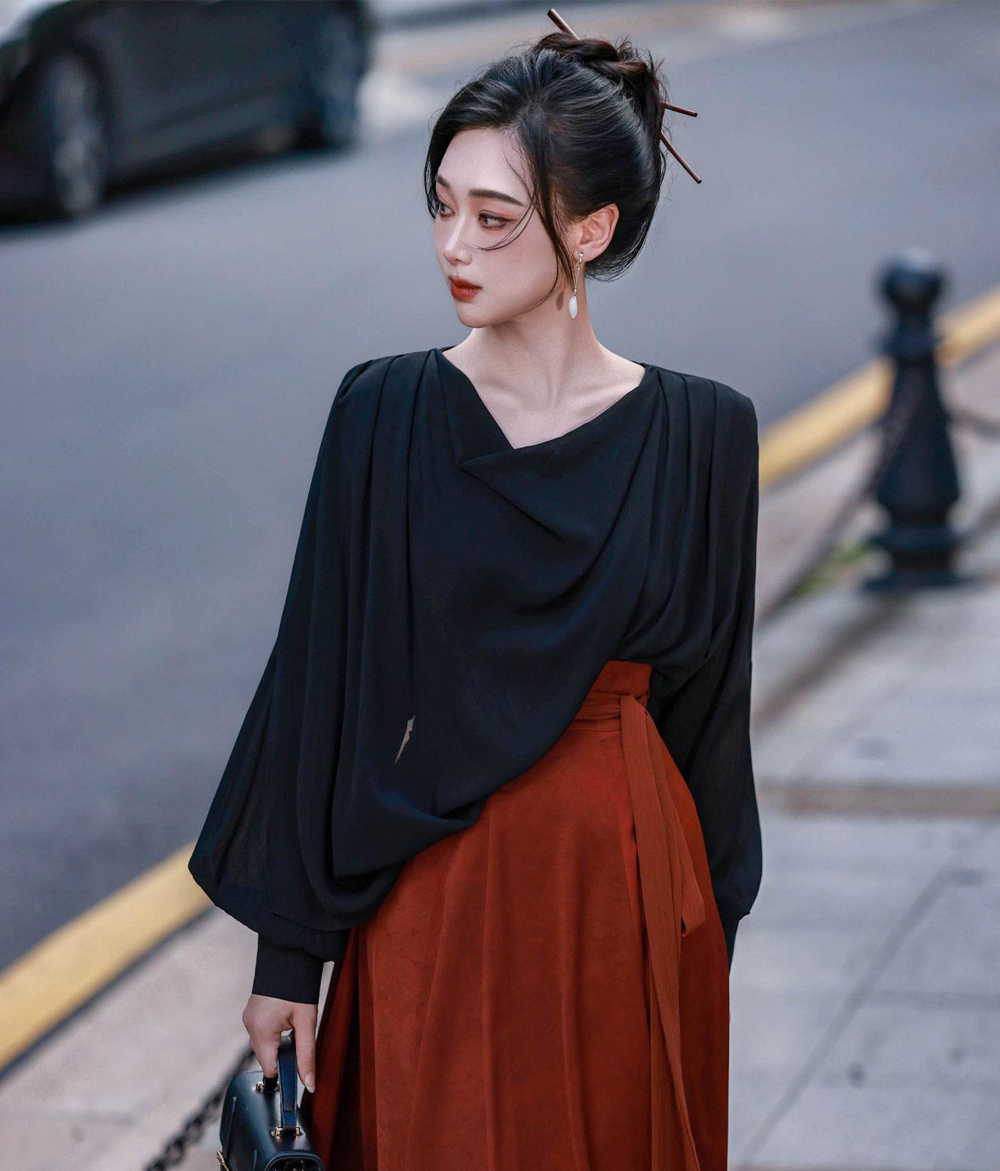 Dream Original Black Draped Collar Blouse & Torn Skirt Set, New Chinese Style, Commuter Daily