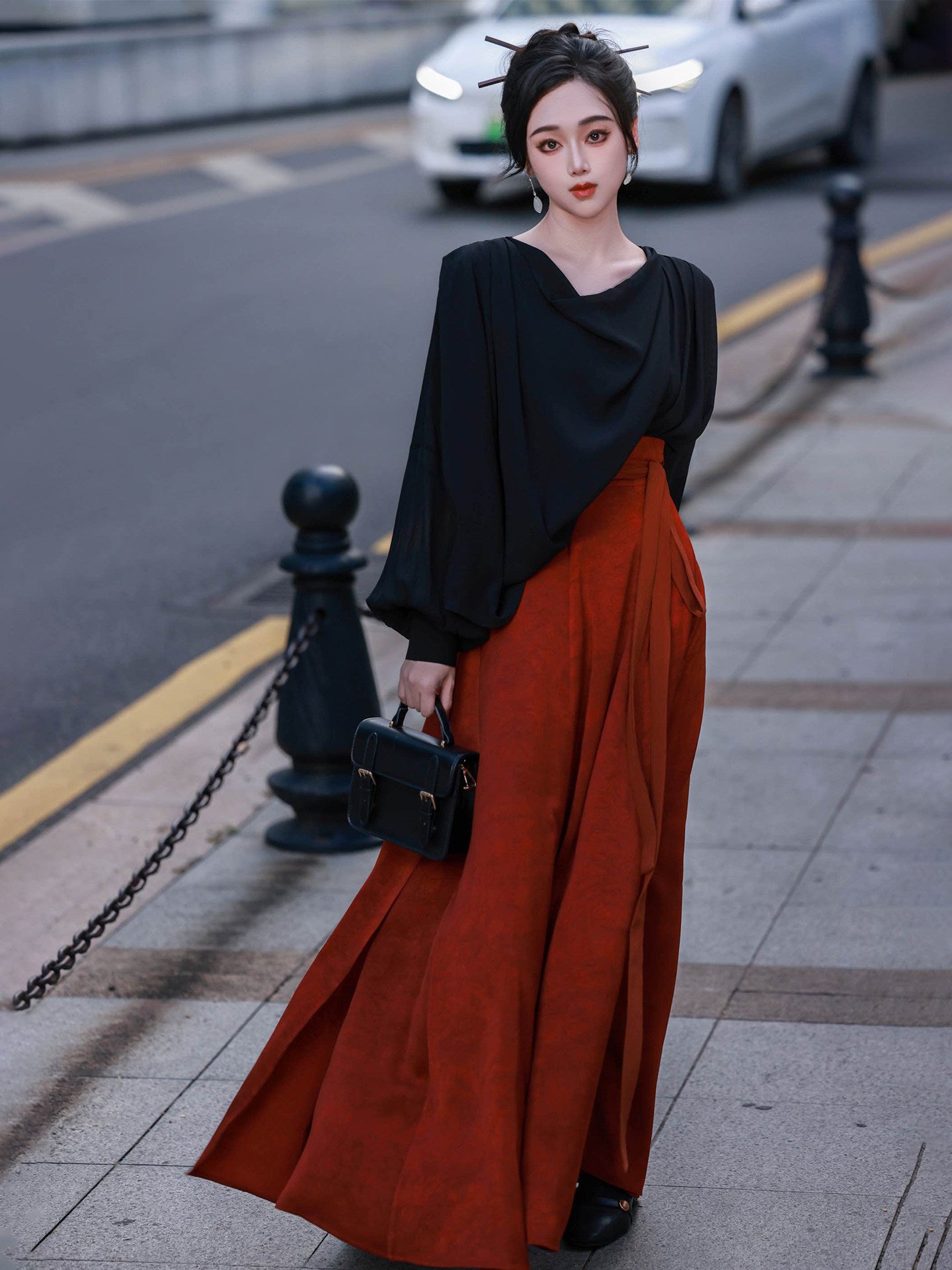 Dream Original Black Draped Collar Blouse & Torn Skirt Set, New Chinese Style, Commuter Daily