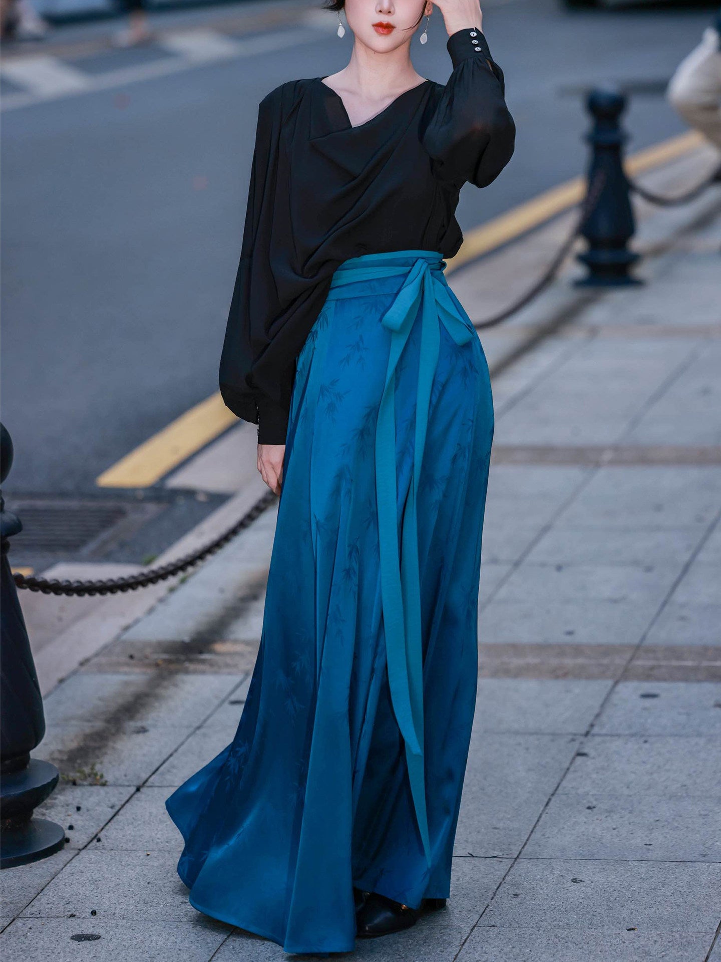 Dream Original Black Draped Collar Blouse & Torn Skirt Set, New Chinese Style, Commuter Daily