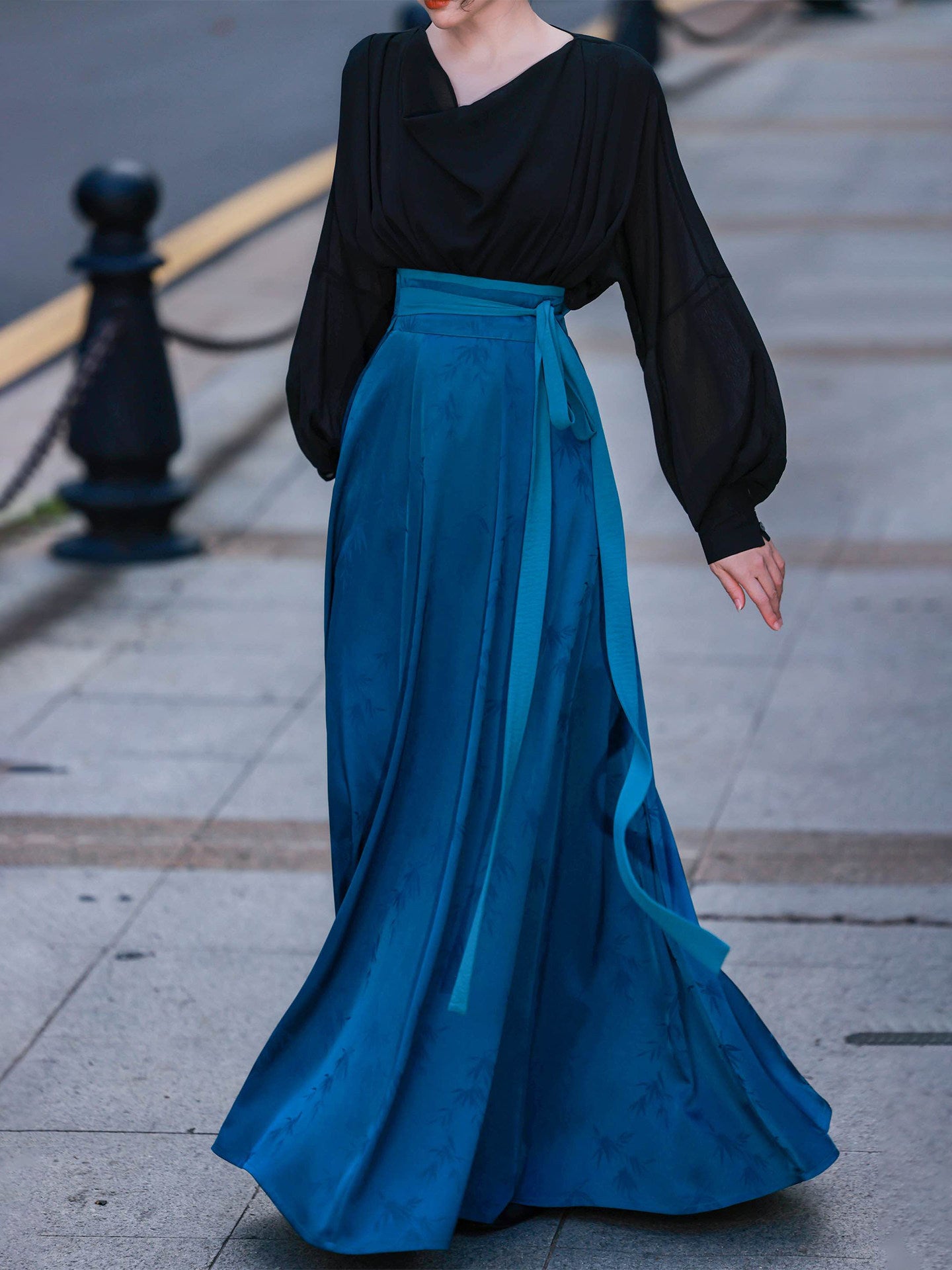 Dream Original Black Draped Collar Blouse & Torn Skirt Set, New Chinese Style, Commuter Daily